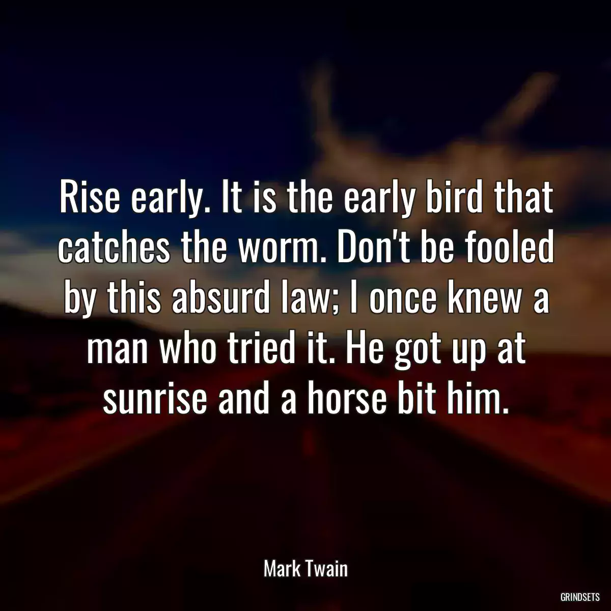 Rise early. It is the early bird that catches the worm. Don\'t be fooled by this absurd law; I once knew a man who tried it. He got up at sunrise and a horse bit him.