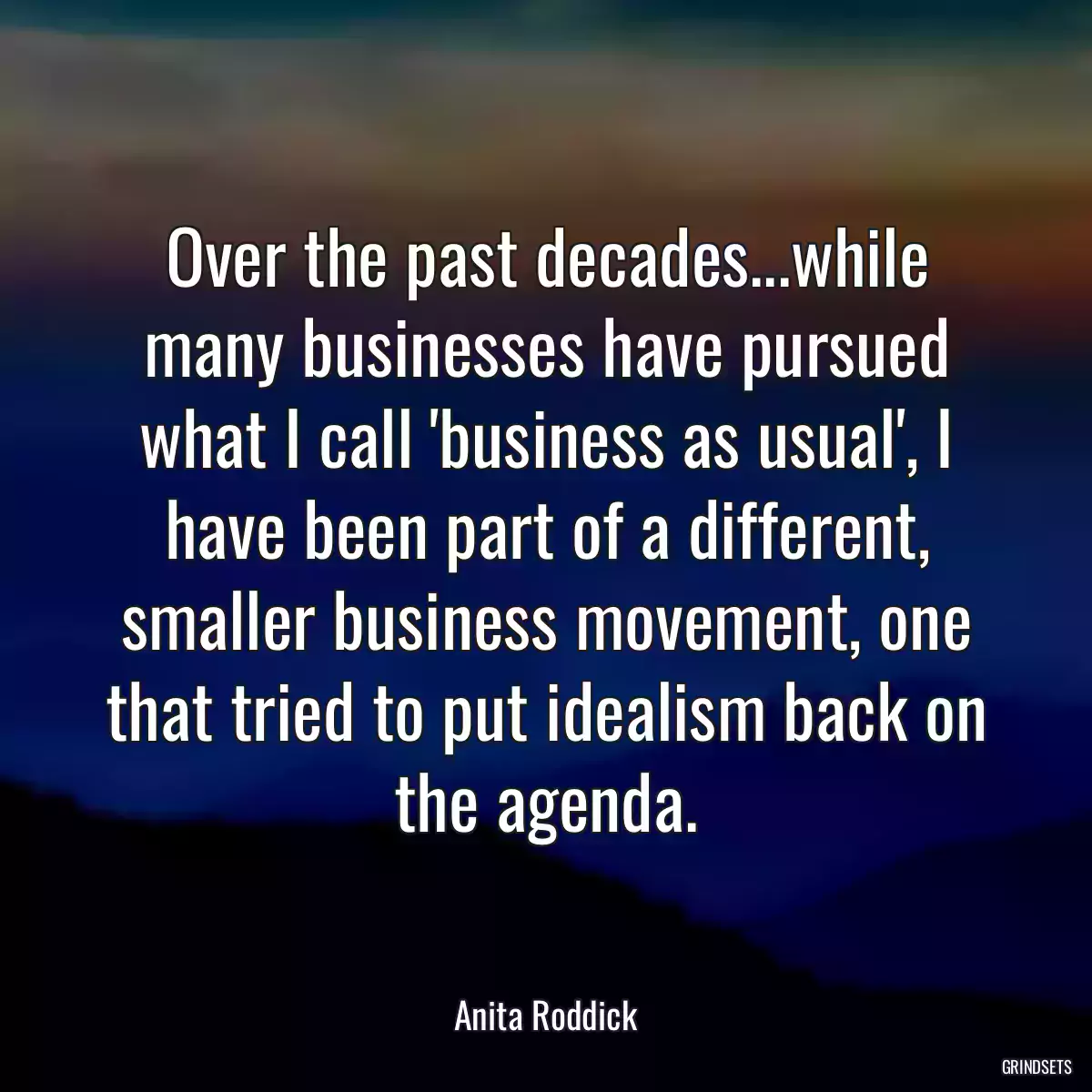 Over the past decades...while many businesses have pursued what I call \'business as usual\', I have been part of a different, smaller business movement, one that tried to put idealism back on the agenda.