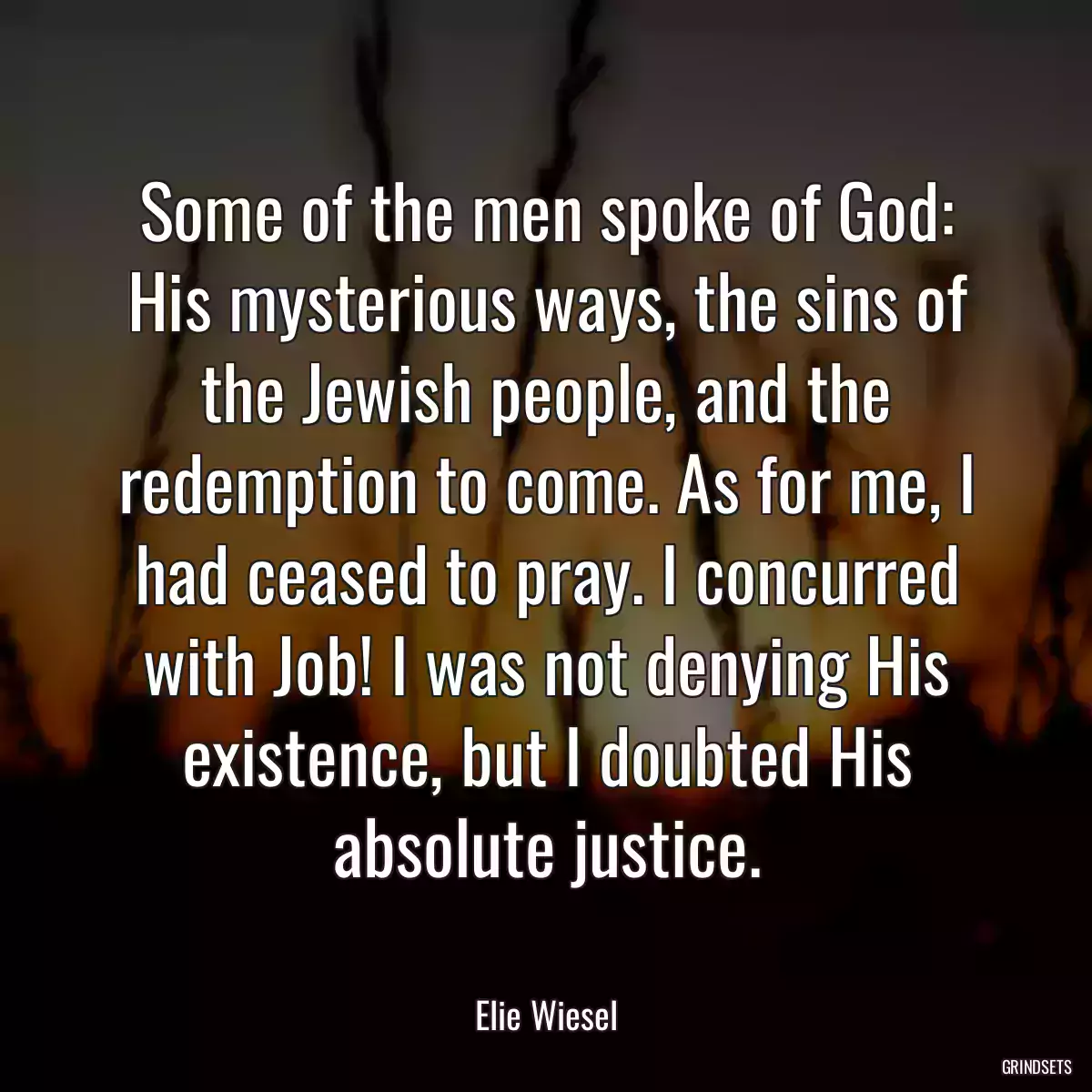 Some of the men spoke of God: His mysterious ways, the sins of the Jewish people, and the redemption to come. As for me, I had ceased to pray. I concurred with Job! I was not denying His existence, but I doubted His absolute justice.