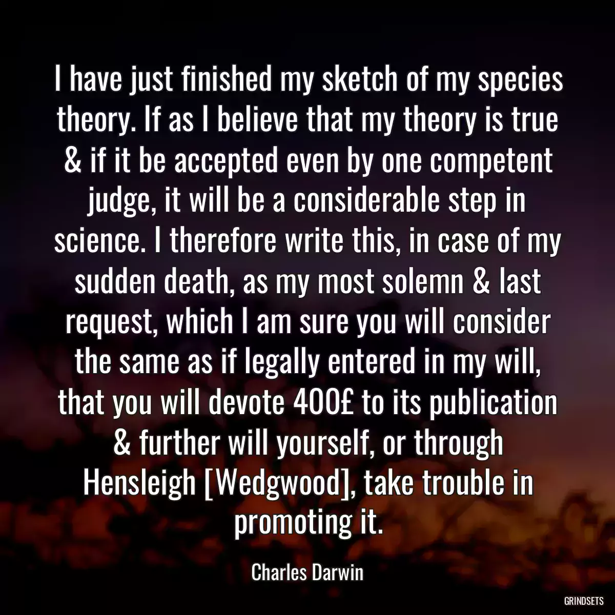 I have just finished my sketch of my species theory. If as I believe that my theory is true & if it be accepted even by one competent judge, it will be a considerable step in science. I therefore write this, in case of my sudden death, as my most solemn & last request, which I am sure you will consider the same as if legally entered in my will, that you will devote 400£ to its publication & further will yourself, or through Hensleigh [Wedgwood], take trouble in promoting it.