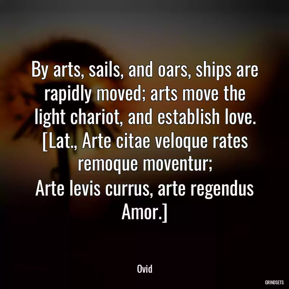 By arts, sails, and oars, ships are rapidly moved; arts move the
light chariot, and establish love.
[Lat., Arte citae veloque rates remoque moventur;
Arte levis currus, arte regendus Amor.]