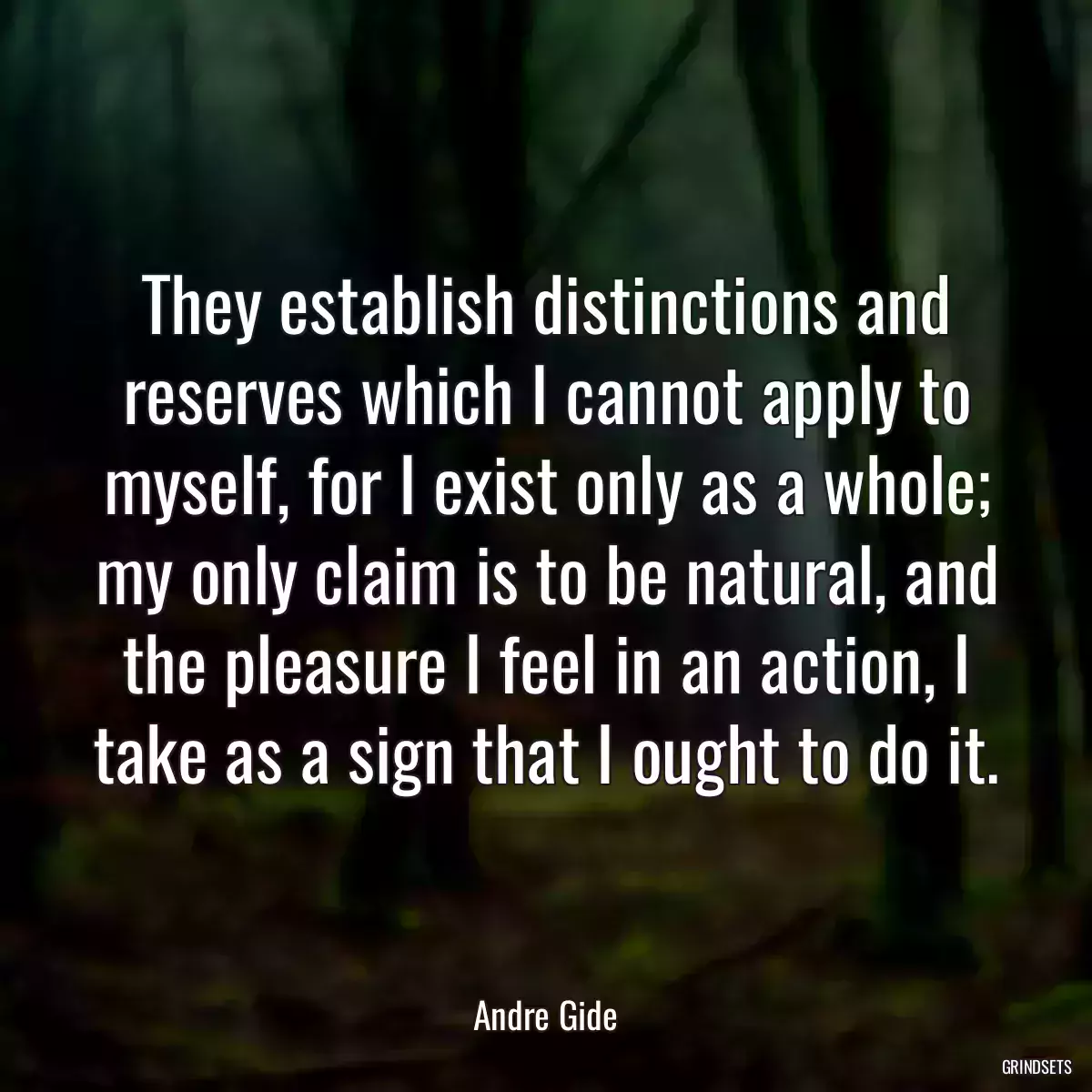 They establish distinctions and reserves which I cannot apply to myself, for I exist only as a whole; my only claim is to be natural, and the pleasure I feel in an action, I take as a sign that I ought to do it.