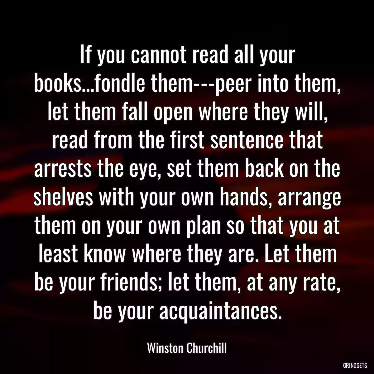 If you cannot read all your books...fondle them---peer into them, let them fall open where they will, read from the first sentence that arrests the eye, set them back on the shelves with your own hands, arrange them on your own plan so that you at least know where they are. Let them be your friends; let them, at any rate, be your acquaintances.