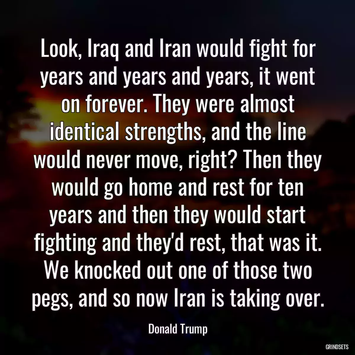 Look, Iraq and Iran would fight for years and years and years, it went on forever. They were almost identical strengths, and the line would never move, right? Then they would go home and rest for ten years and then they would start fighting and they\'d rest, that was it. We knocked out one of those two pegs, and so now Iran is taking over.