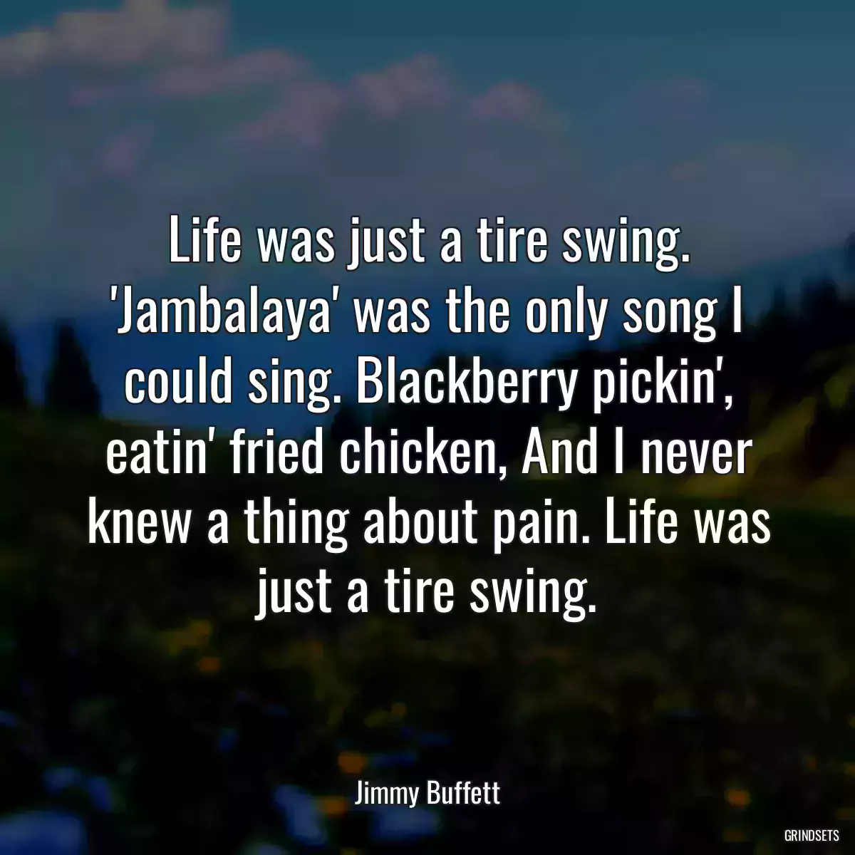 Life was just a tire swing. \'Jambalaya\' was the only song I could sing. Blackberry pickin\', eatin\' fried chicken, And I never knew a thing about pain. Life was just a tire swing.