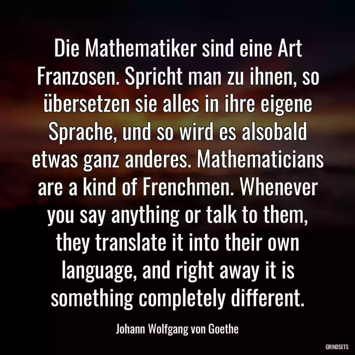 Die Mathematiker sind eine Art Franzosen. Spricht man zu ihnen, so übersetzen sie alles in ihre eigene Sprache, und so wird es alsobald etwas ganz anderes. Mathematicians are a kind of Frenchmen. Whenever you say anything or talk to them, they translate it into their own language, and right away it is something completely different.