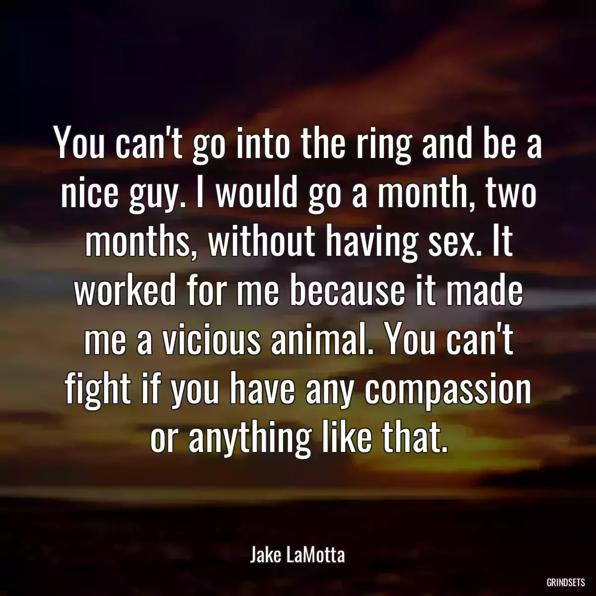 You can\'t go into the ring and be a nice guy. I would go a month, two months, without having sex. It worked for me because it made me a vicious animal. You can\'t fight if you have any compassion or anything like that.