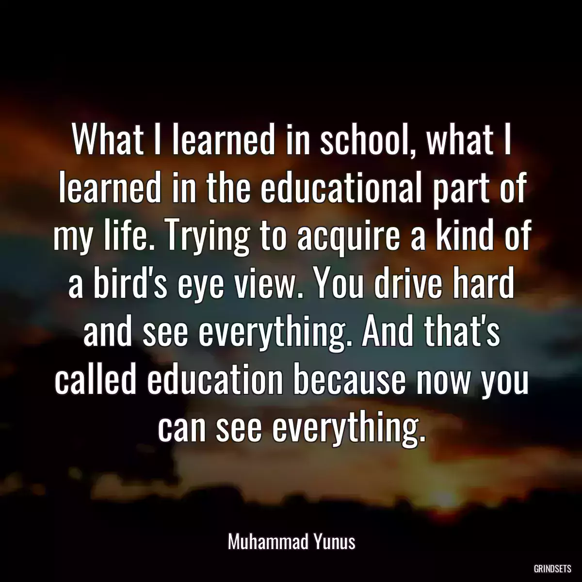 What I learned in school, what I learned in the educational part of my life. Trying to acquire a kind of a bird\'s eye view. You drive hard and see everything. And that\'s called education because now you can see everything.