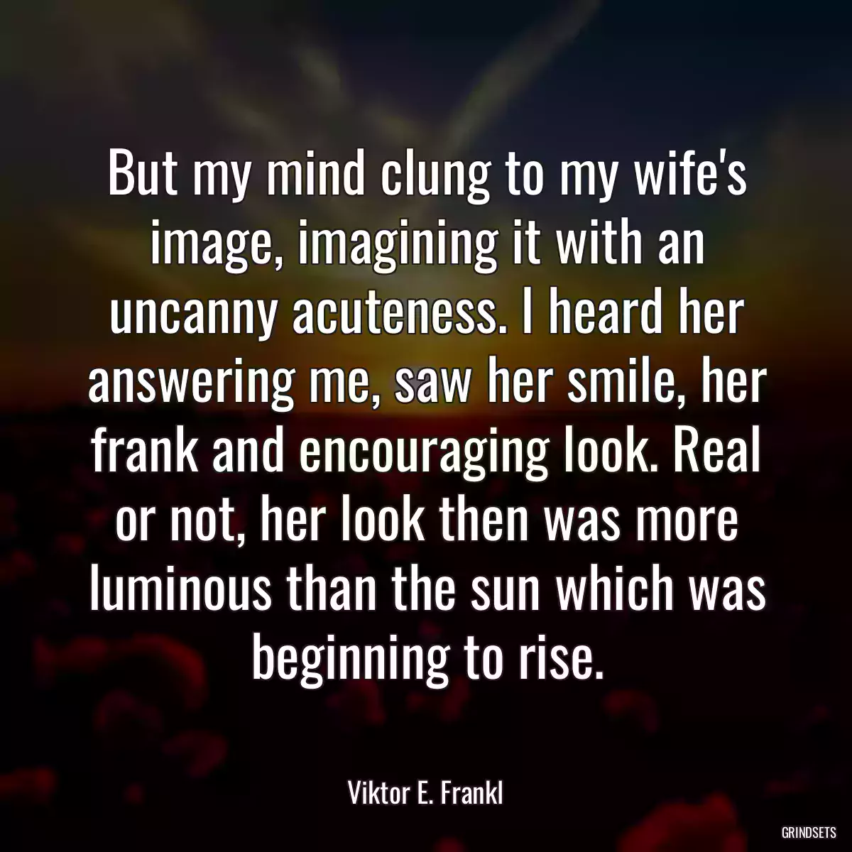 But my mind clung to my wife\'s image, imagining it with an uncanny acuteness. I heard her answering me, saw her smile, her frank and encouraging look. Real or not, her look then was more luminous than the sun which was beginning to rise.