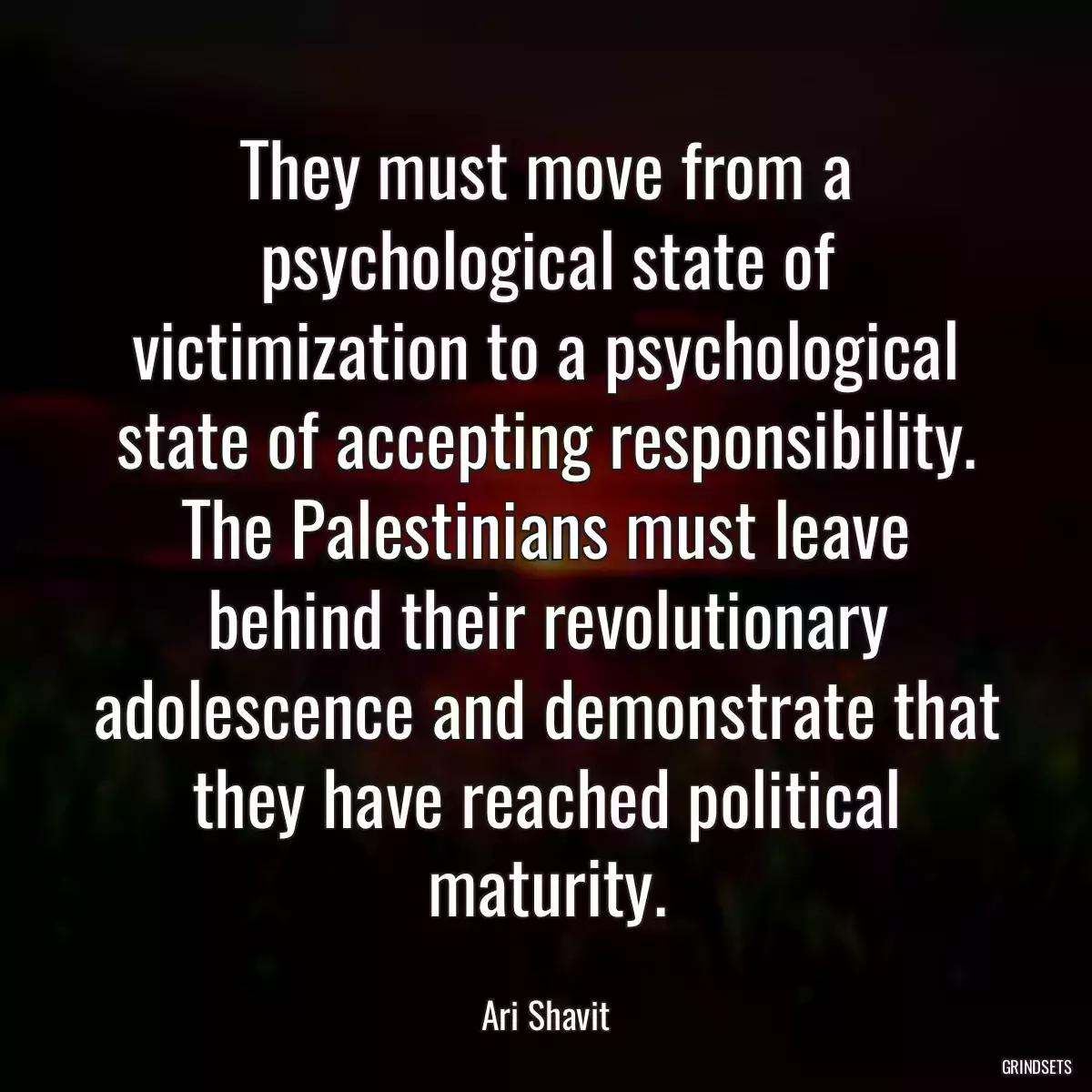 They must move from a psychological state of victimization to a psychological state of accepting responsibility. The Palestinians must leave behind their revolutionary adolescence and demonstrate that they have reached political maturity.