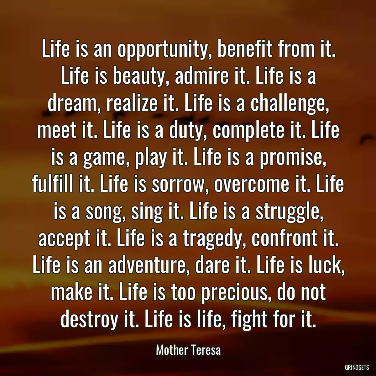 Life is an opportunity, benefit from it. Life is beauty, admire it. Life is a dream, realize it. Life is a challenge, meet it. Life is a duty, complete it. Life is a game, play it. Life is a promise, fulfill it. Life is sorrow, overcome it. Life is a song, sing it. Life is a struggle, accept it. Life is a tragedy, confront it. Life is an adventure, dare it. Life is luck, make it. Life is too precious, do not destroy it. Life is life, fight for it.