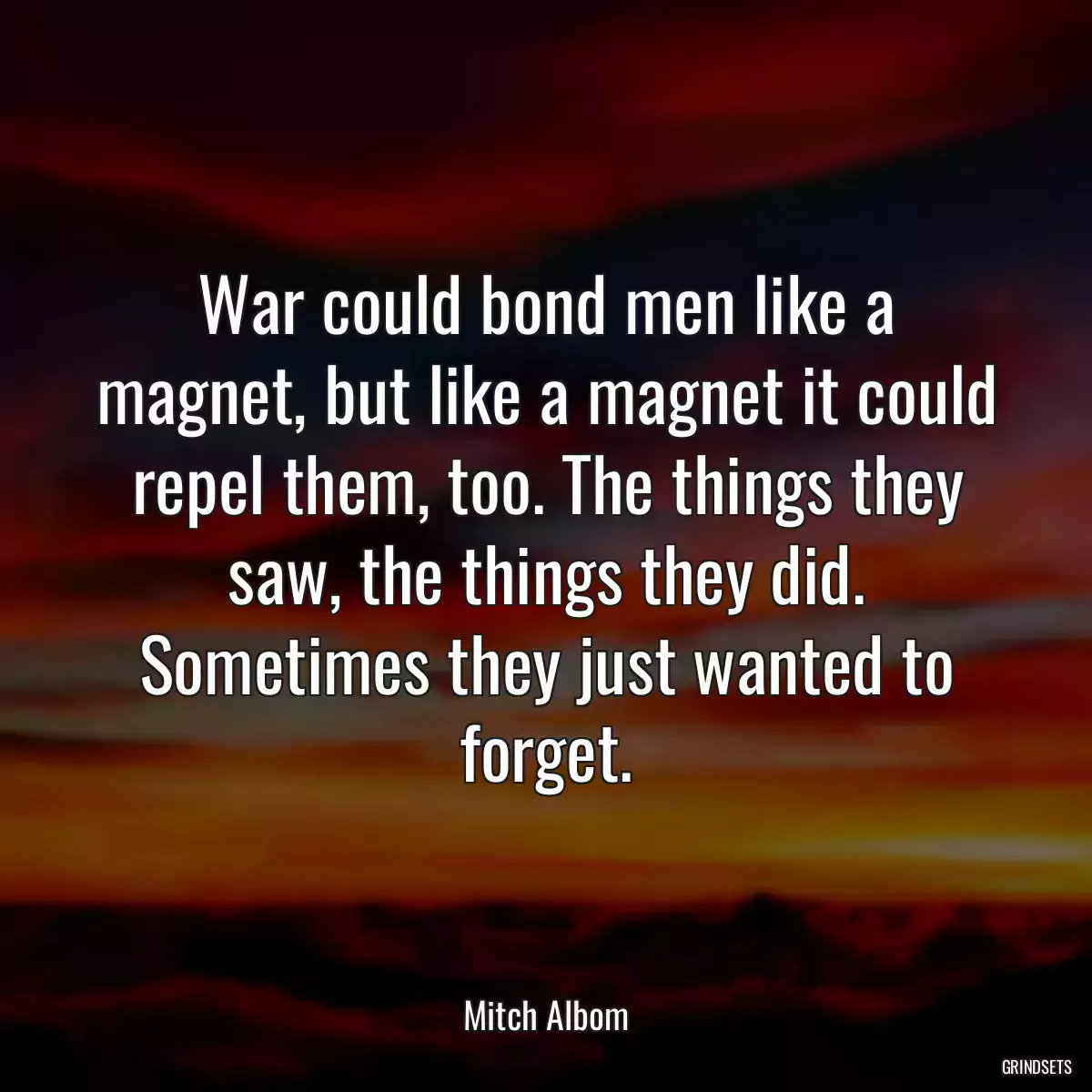 War could bond men like a magnet, but like a magnet it could repel them, too. The things they saw, the things they did. Sometimes they just wanted to forget.