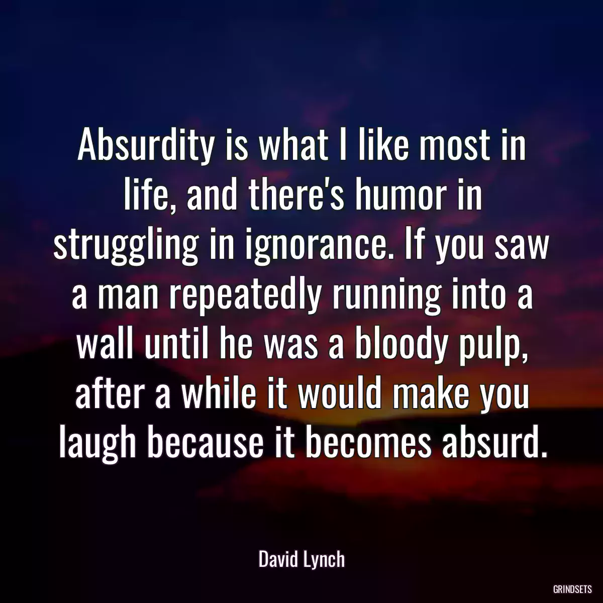 Absurdity is what I like most in life, and there\'s humor in struggling in ignorance. If you saw a man repeatedly running into a wall until he was a bloody pulp, after a while it would make you laugh because it becomes absurd.