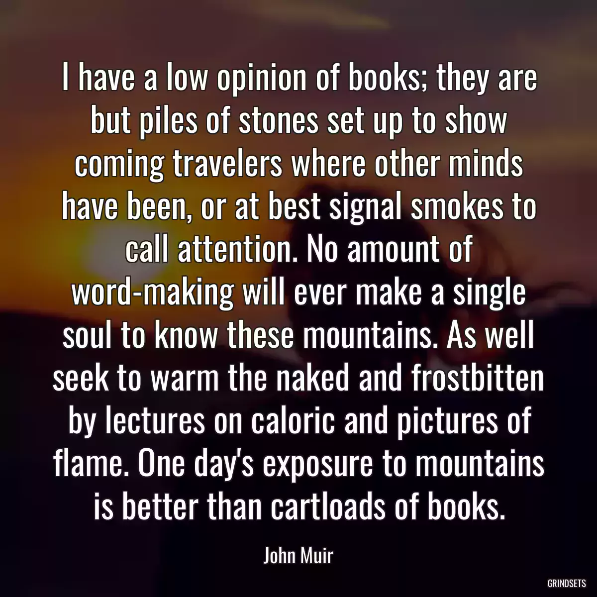 I have a low opinion of books; they are but piles of stones set up to show coming travelers where other minds have been, or at best signal smokes to call attention. No amount of word-making will ever make a single soul to know these mountains. As well seek to warm the naked and frostbitten by lectures on caloric and pictures of flame. One day\'s exposure to mountains is better than cartloads of books.