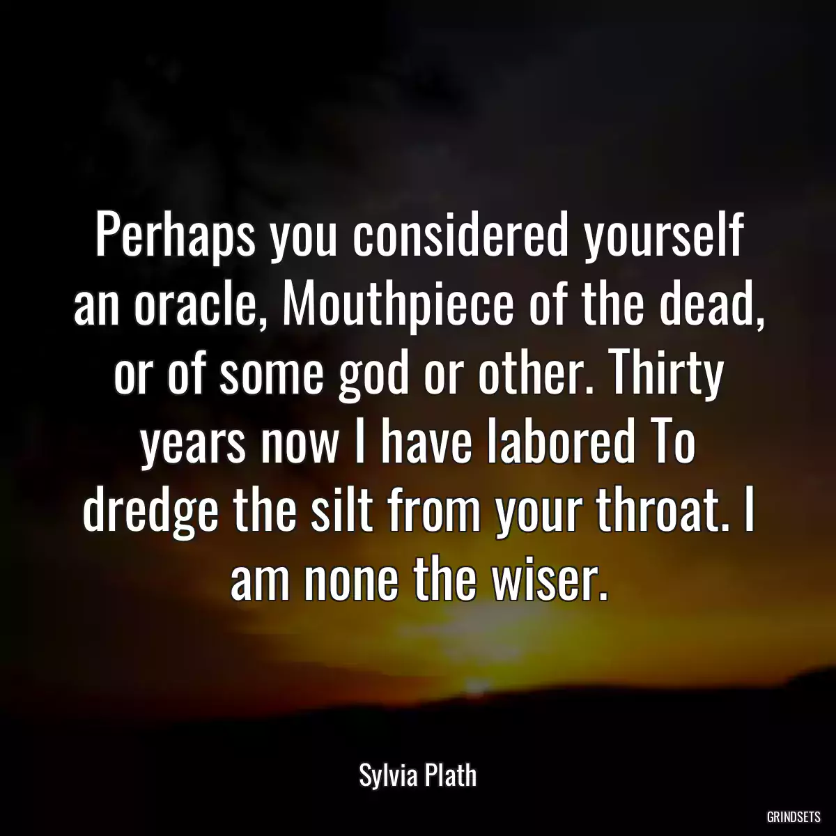 Perhaps you considered yourself an oracle, Mouthpiece of the dead, or of some god or other. Thirty years now I have labored To dredge the silt from your throat. I am none the wiser.