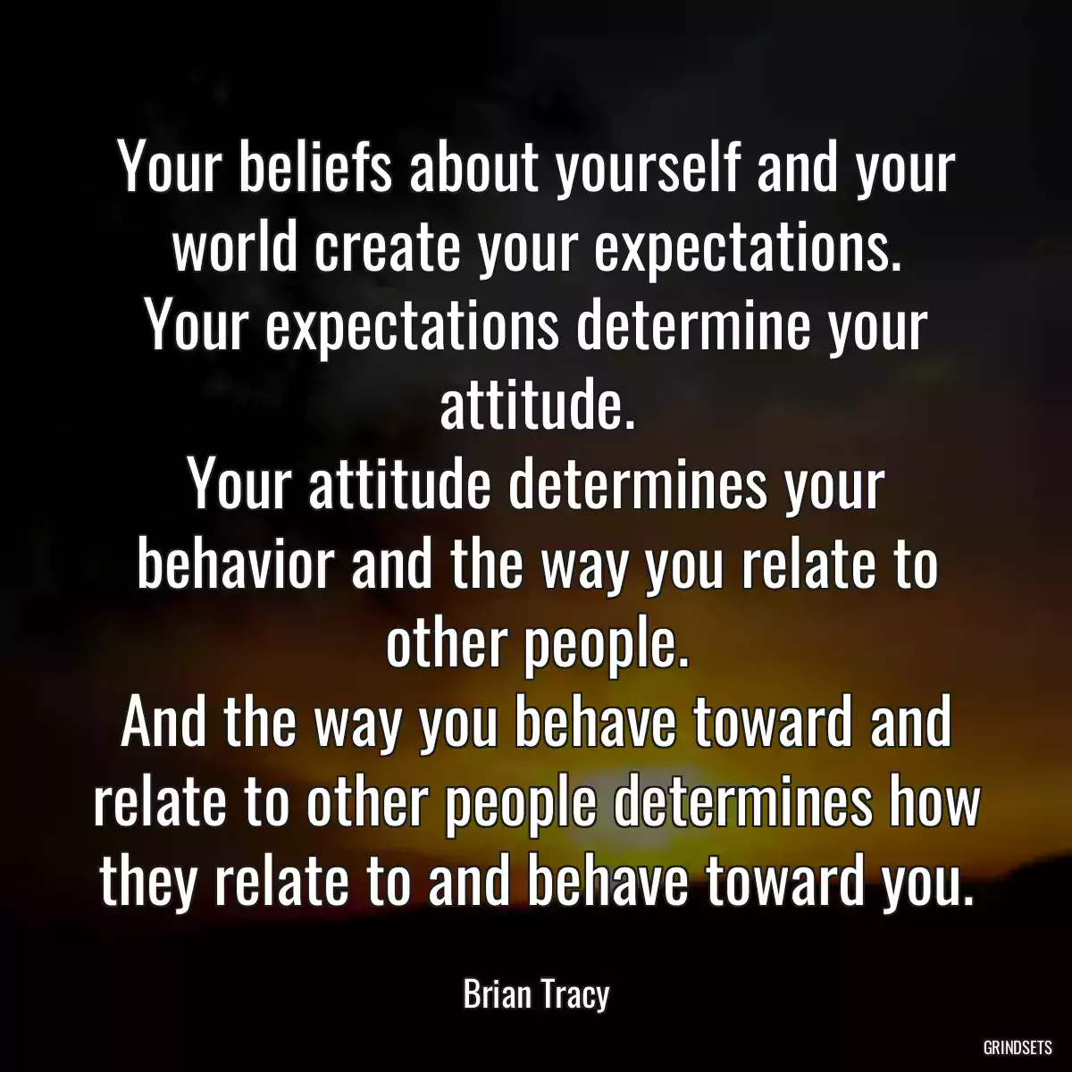 Your beliefs about yourself and your world create your expectations.
Your expectations determine your attitude.
Your attitude determines your behavior and the way you relate to other people.
And the way you behave toward and relate to other people determines how they relate to and behave toward you.