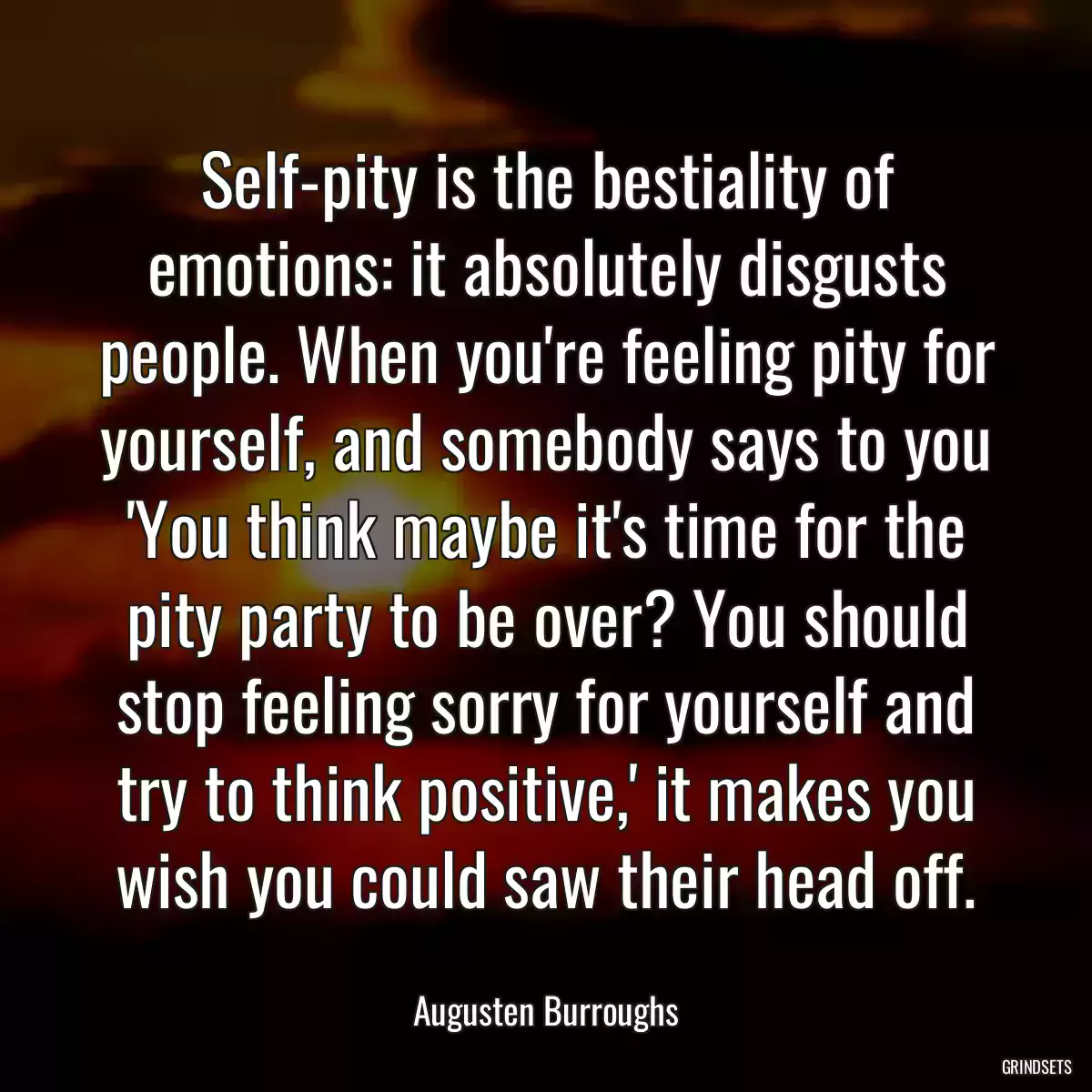 Self-pity is the bestiality of emotions: it absolutely disgusts people. When you\'re feeling pity for yourself, and somebody says to you \'You think maybe it\'s time for the pity party to be over? You should stop feeling sorry for yourself and try to think positive,\' it makes you wish you could saw their head off.