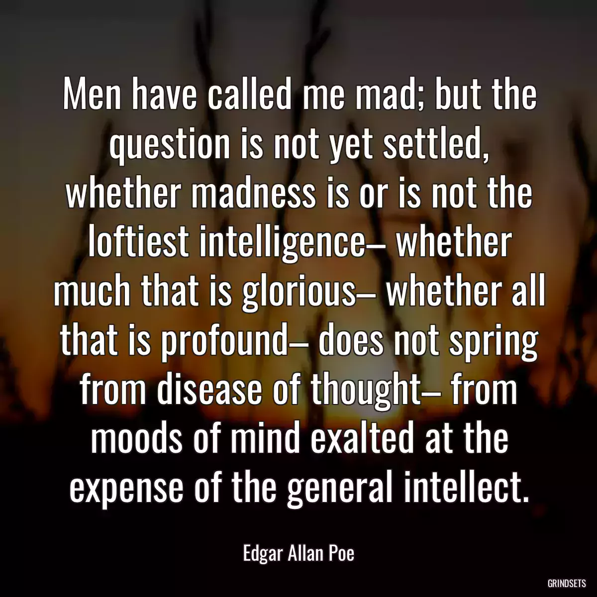 Men have called me mad; but the question is not yet settled, whether madness is or is not the loftiest intelligence– whether much that is glorious– whether all that is profound– does not spring from disease of thought– from moods of mind exalted at the expense of the general intellect.