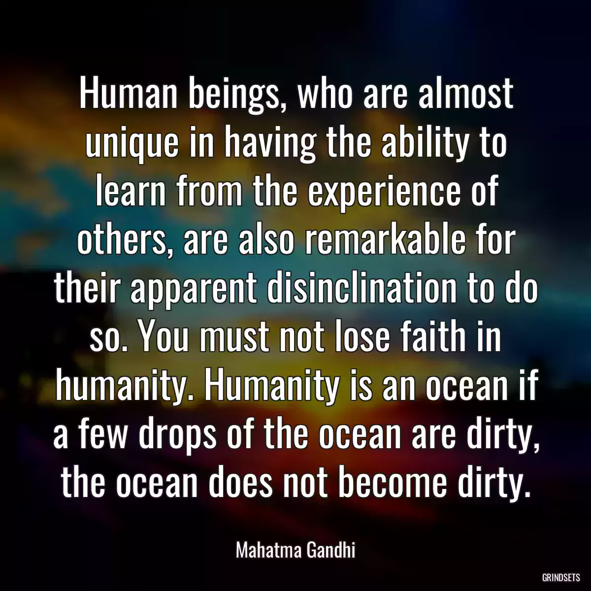 Human beings, who are almost unique in having the ability to learn from the experience of others, are also remarkable for their apparent disinclination to do so. You must not lose faith in humanity. Humanity is an ocean if a few drops of the ocean are dirty, the ocean does not become dirty.