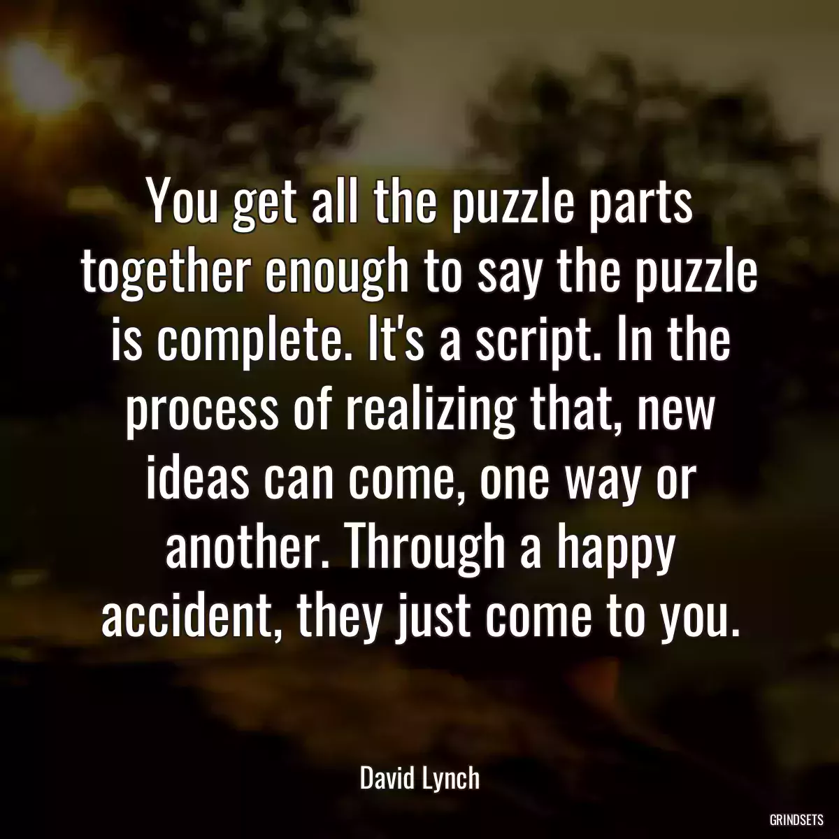 You get all the puzzle parts together enough to say the puzzle is complete. It\'s a script. In the process of realizing that, new ideas can come, one way or another. Through a happy accident, they just come to you.