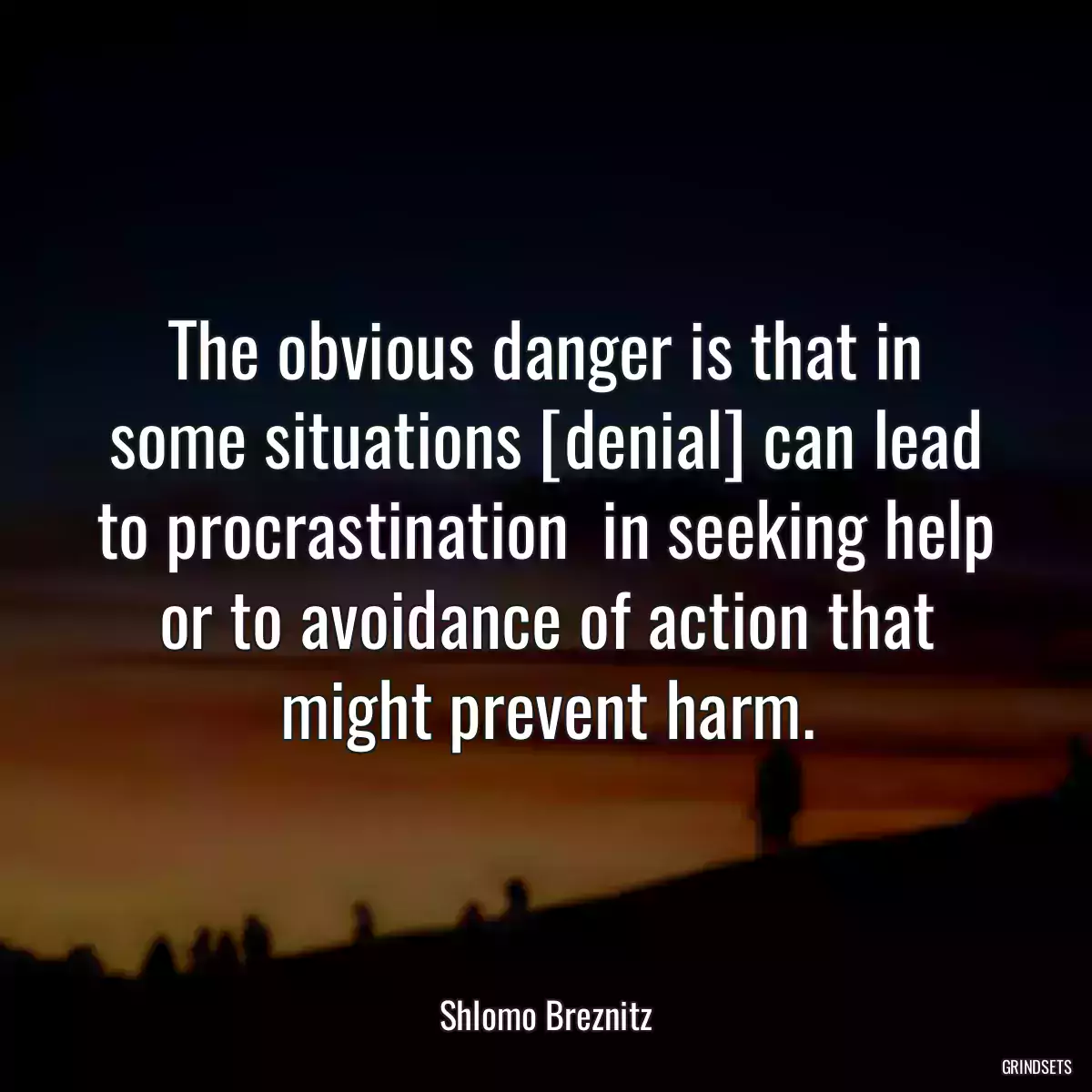 The obvious danger is that in some situations [denial] can lead to procrastination  in seeking help or to avoidance of action that might prevent harm.