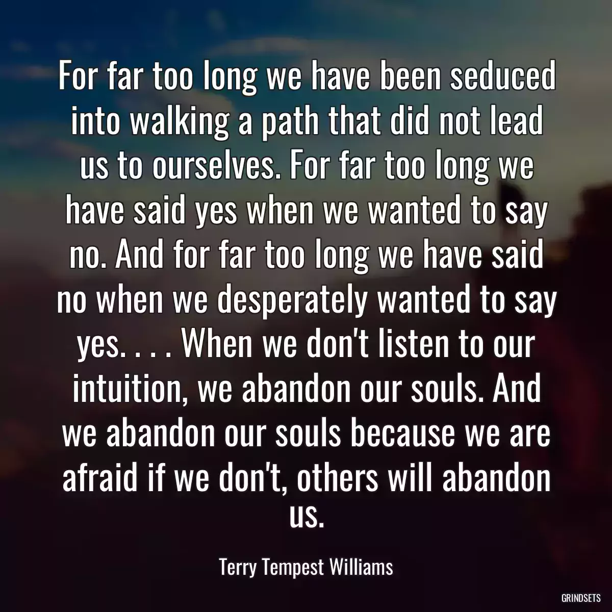 For far too long we have been seduced into walking a path that did not lead us to ourselves. For far too long we have said yes when we wanted to say no. And for far too long we have said no when we desperately wanted to say yes. . . . When we don\'t listen to our intuition, we abandon our souls. And we abandon our souls because we are afraid if we don\'t, others will abandon us.