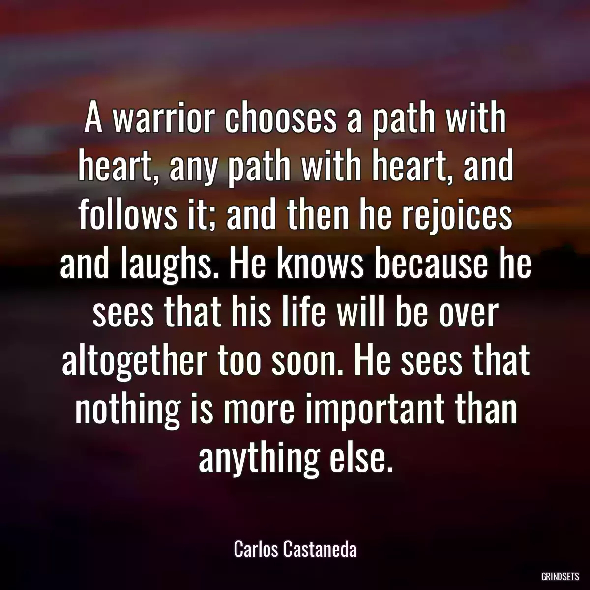 A warrior chooses a path with heart, any path with heart, and follows it; and then he rejoices and laughs. He knows because he sees that his life will be over altogether too soon. He sees that nothing is more important than anything else.