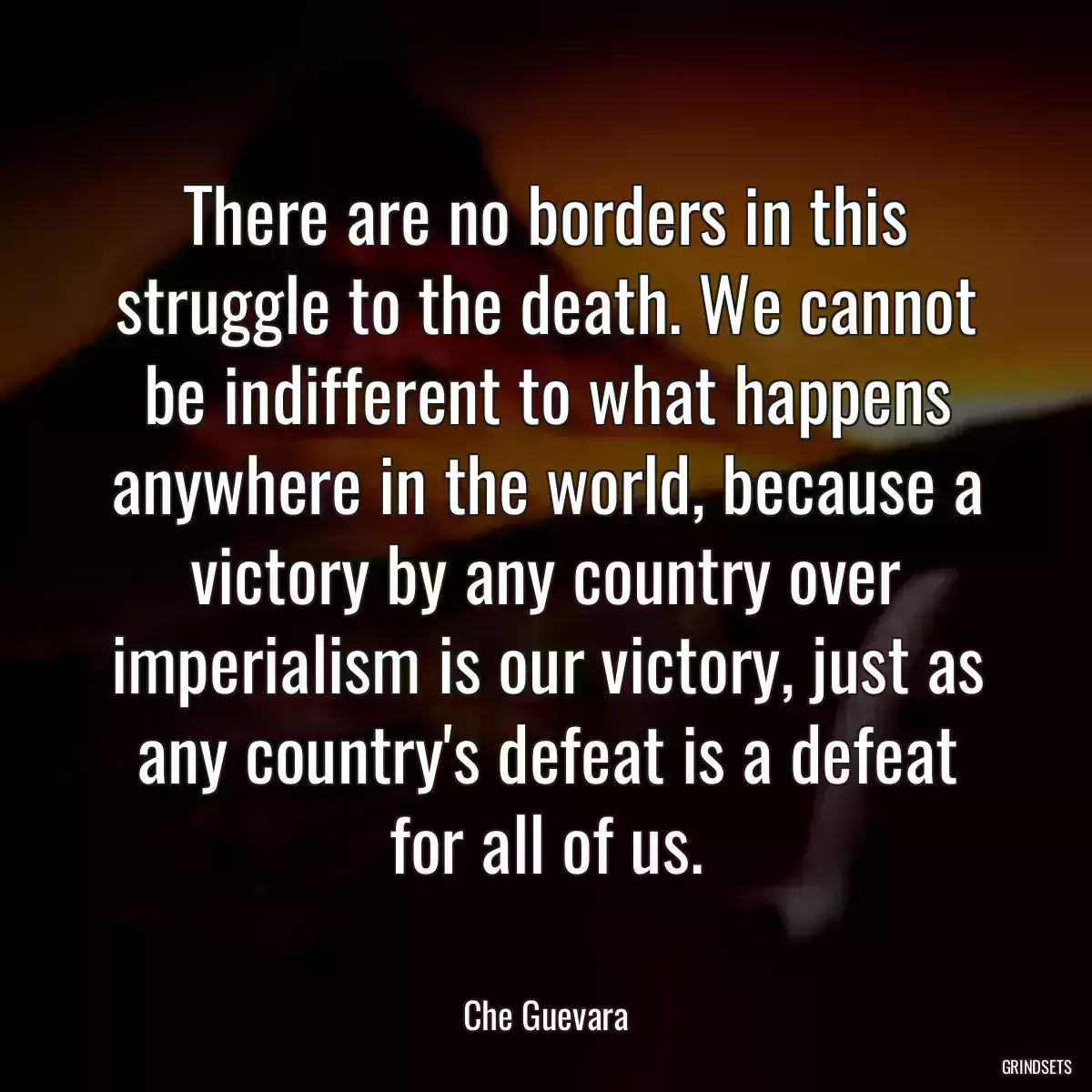 There are no borders in this struggle to the death. We cannot be indifferent to what happens anywhere in the world, because a victory by any country over imperialism is our victory, just as any country\'s defeat is a defeat for all of us.