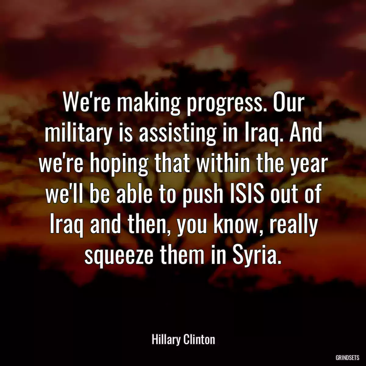 We\'re making progress. Our military is assisting in Iraq. And we\'re hoping that within the year we\'ll be able to push ISIS out of Iraq and then, you know, really squeeze them in Syria.