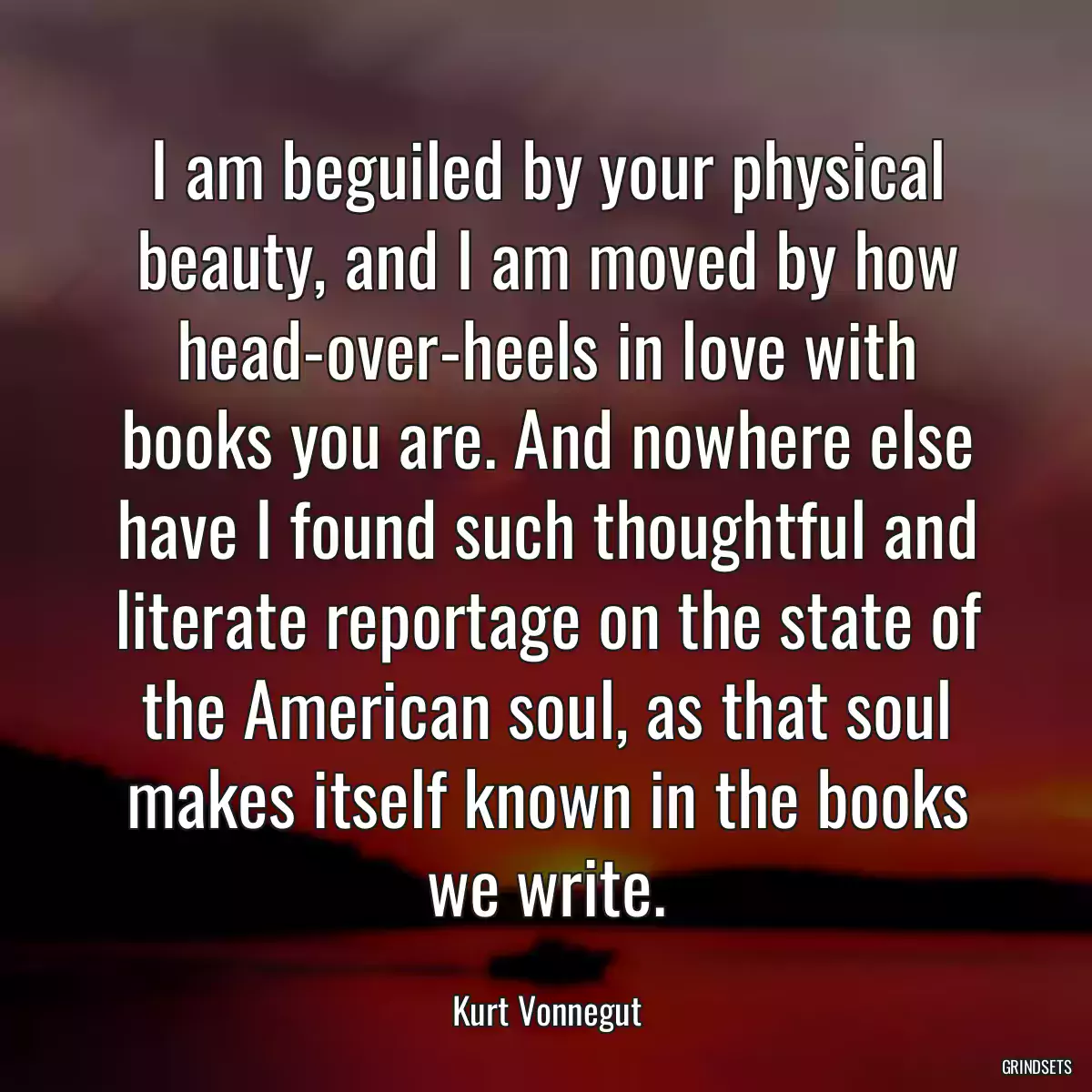 I am beguiled by your physical beauty, and I am moved by how head-over-heels in love with books you are. And nowhere else have I found such thoughtful and literate reportage on the state of the American soul, as that soul makes itself known in the books we write.