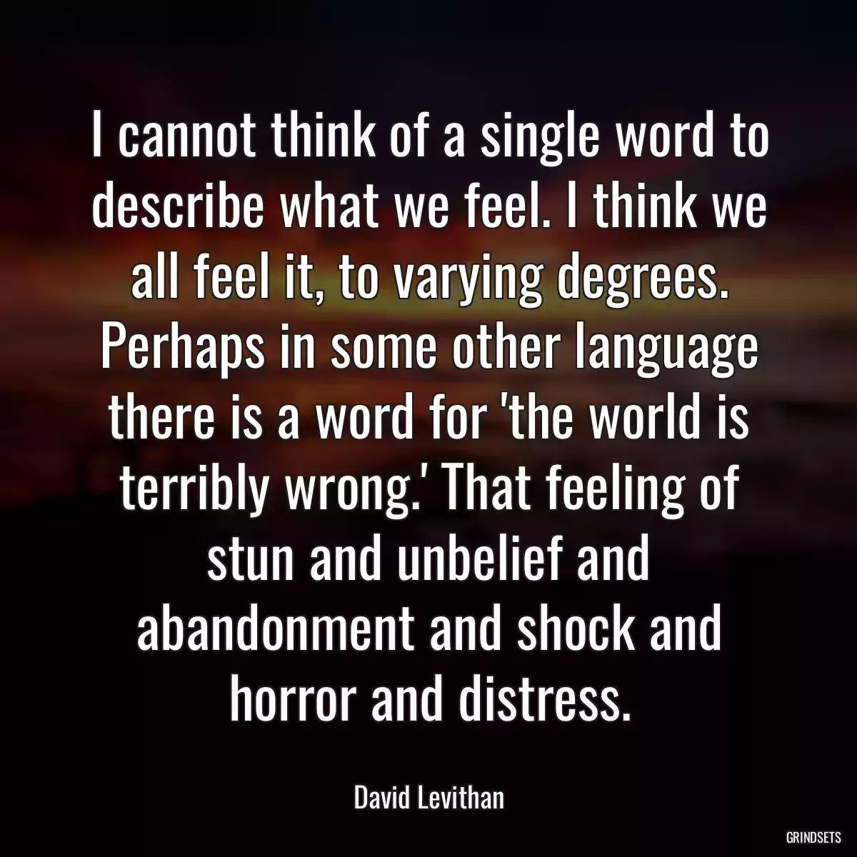 I cannot think of a single word to describe what we feel. I think we all feel it, to varying degrees. Perhaps in some other language there is a word for \'the world is terribly wrong.\' That feeling of stun and unbelief and abandonment and shock and horror and distress.