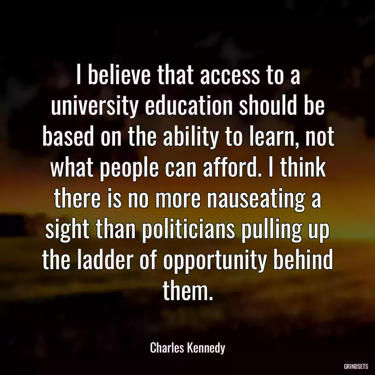 I believe that access to a university education should be based on the ability to learn, not what people can afford. I think there is no more nauseating a sight than politicians pulling up the ladder of opportunity behind them.