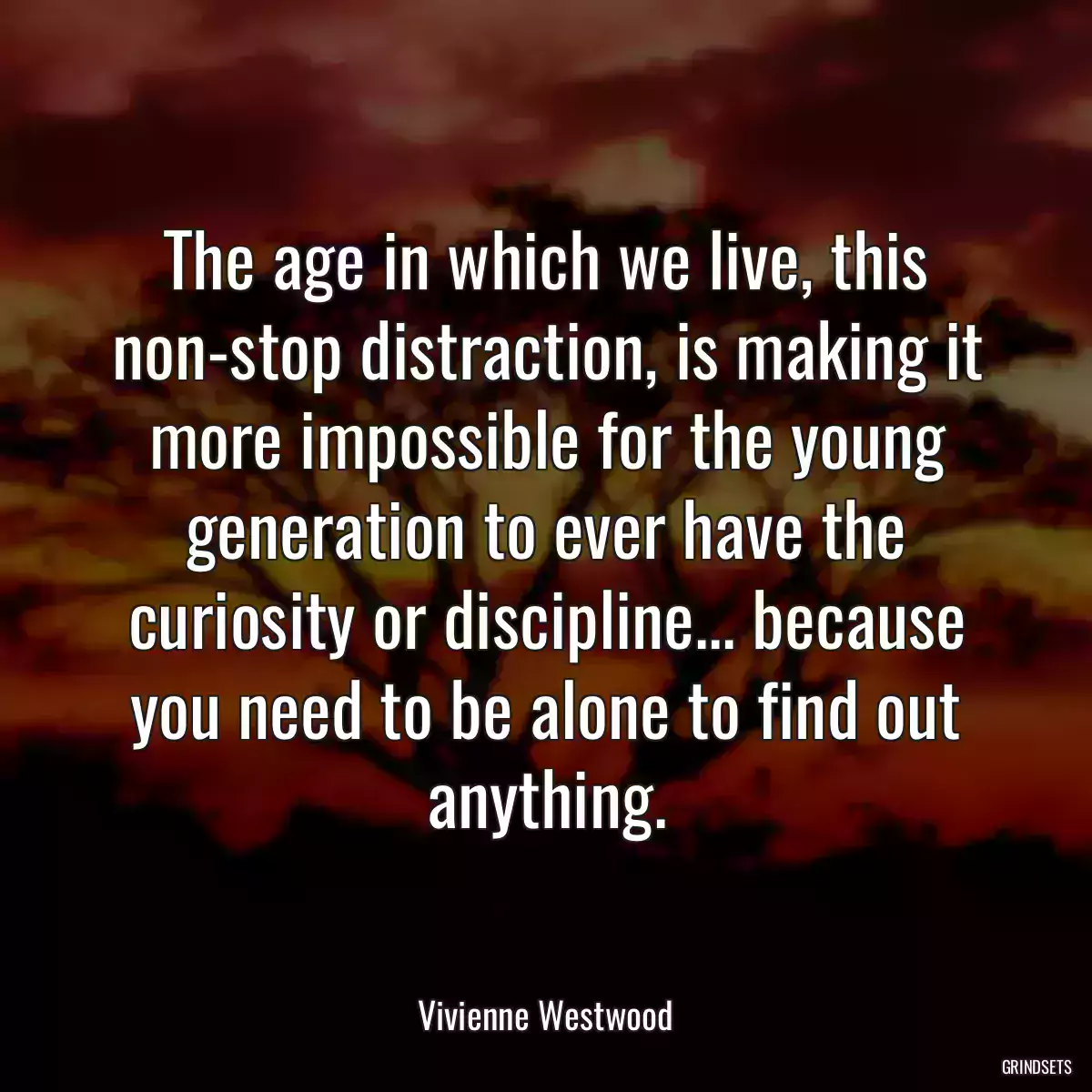 The age in which we live, this non-stop distraction, is making it more impossible for the young generation to ever have the curiosity or discipline... because you need to be alone to find out anything.