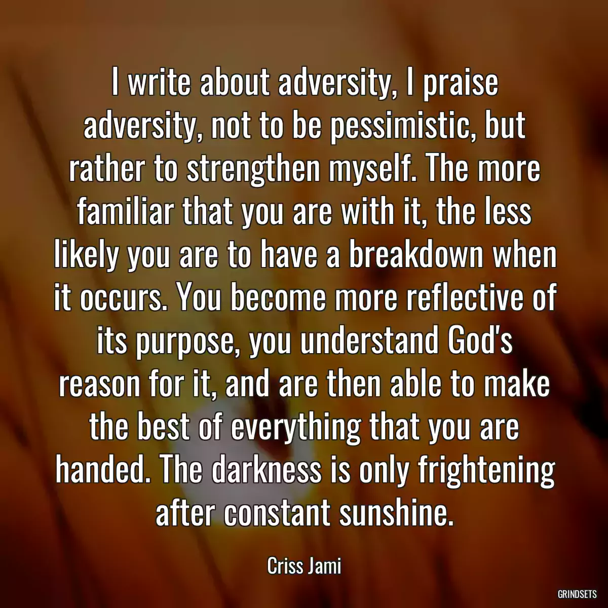 I write about adversity, I praise adversity, not to be pessimistic, but rather to strengthen myself. The more familiar that you are with it, the less likely you are to have a breakdown when it occurs. You become more reflective of its purpose, you understand God\'s reason for it, and are then able to make the best of everything that you are handed. The darkness is only frightening after constant sunshine.