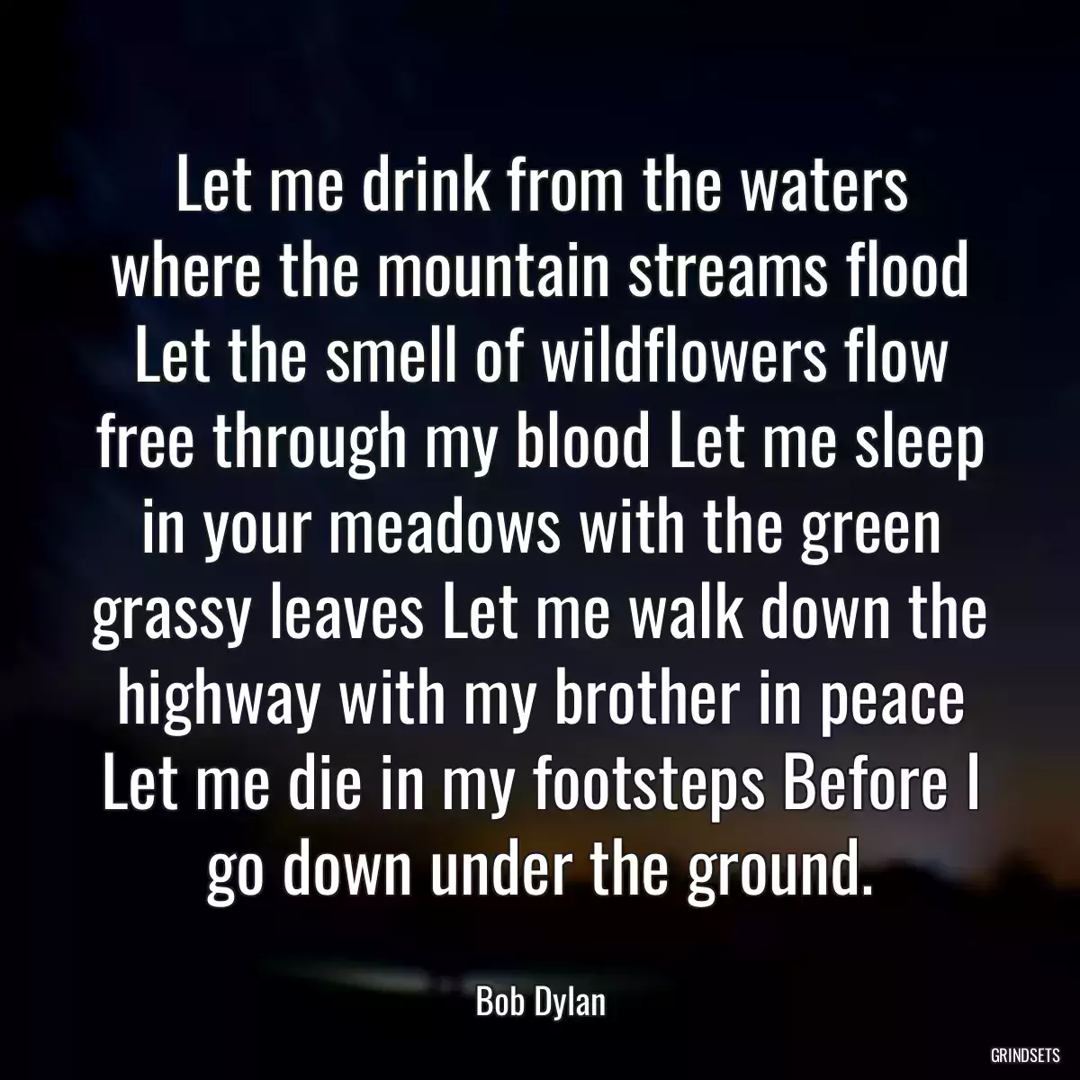 Let me drink from the waters where the mountain streams flood Let the smell of wildflowers flow free through my blood Let me sleep in your meadows with the green grassy leaves Let me walk down the highway with my brother in peace Let me die in my footsteps Before I go down under the ground.