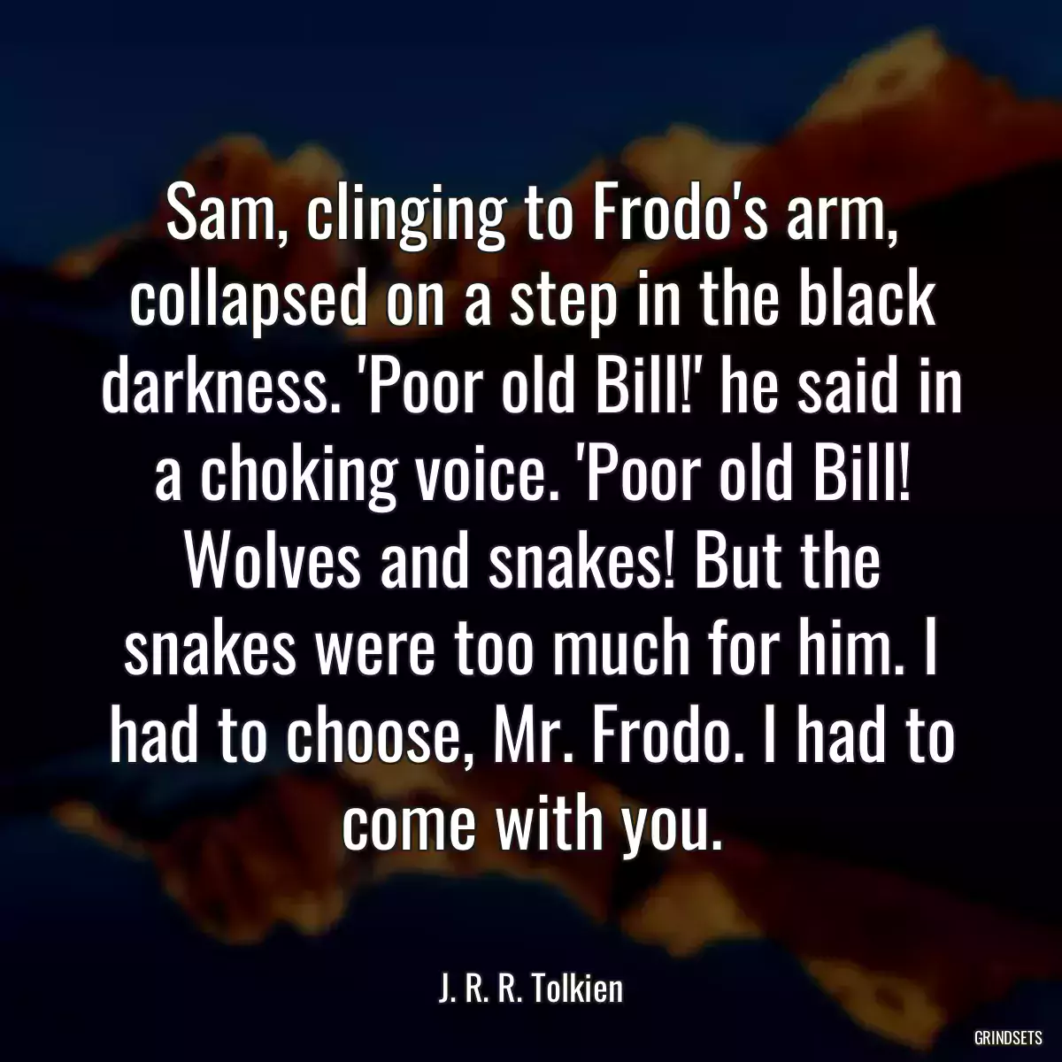 Sam, clinging to Frodo\'s arm, collapsed on a step in the black darkness. \'Poor old Bill!\' he said in a choking voice. \'Poor old Bill! Wolves and snakes! But the snakes were too much for him. I had to choose, Mr. Frodo. I had to come with you.