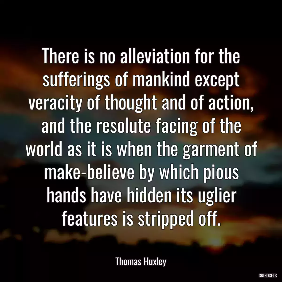 There is no alleviation for the sufferings of mankind except veracity of thought and of action, and the resolute facing of the world as it is when the garment of make-believe by which pious hands have hidden its uglier features is stripped off.