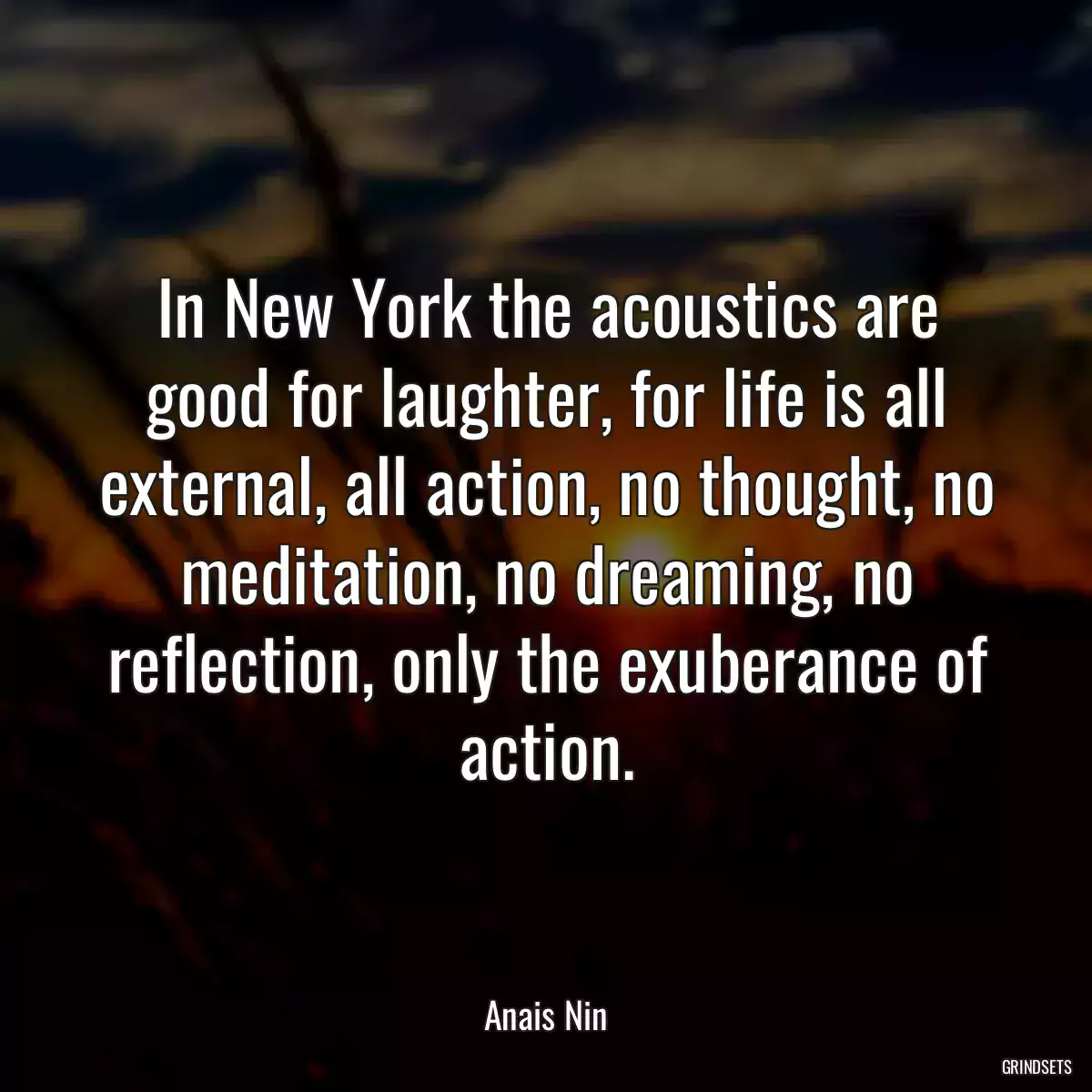 In New York the acoustics are good for laughter, for life is all external, all action, no thought, no meditation, no dreaming, no reflection, only the exuberance of action.