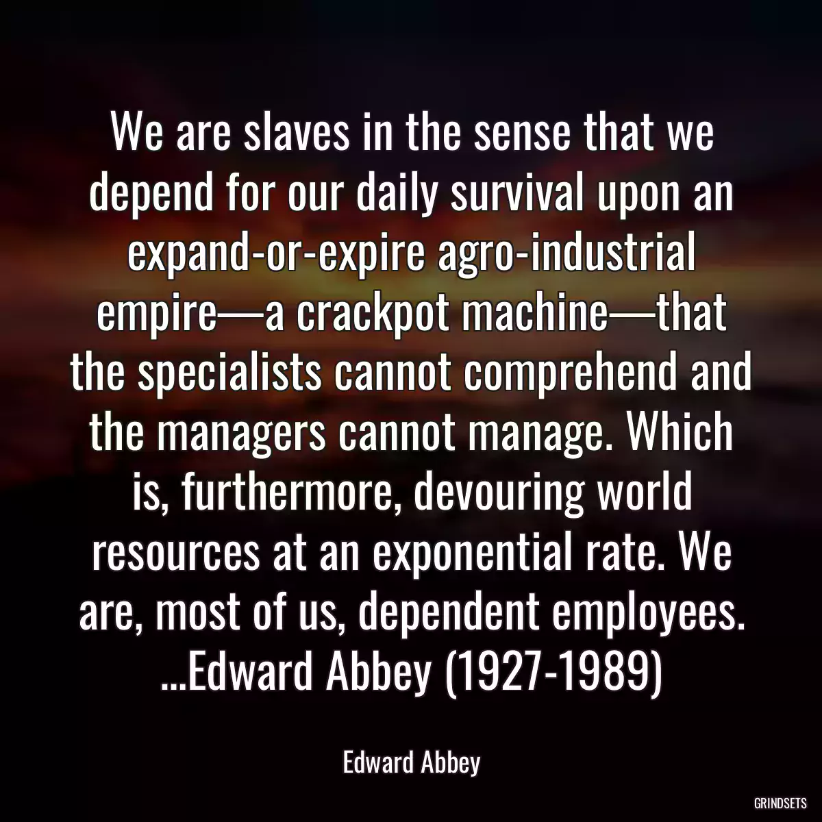 We are slaves in the sense that we depend for our daily survival upon an expand-or-expire agro-industrial empire—a crackpot machine—that the specialists cannot comprehend and the managers cannot manage. Which is, furthermore, devouring world resources at an exponential rate. We are, most of us, dependent employees. …Edward Abbey (1927-1989)