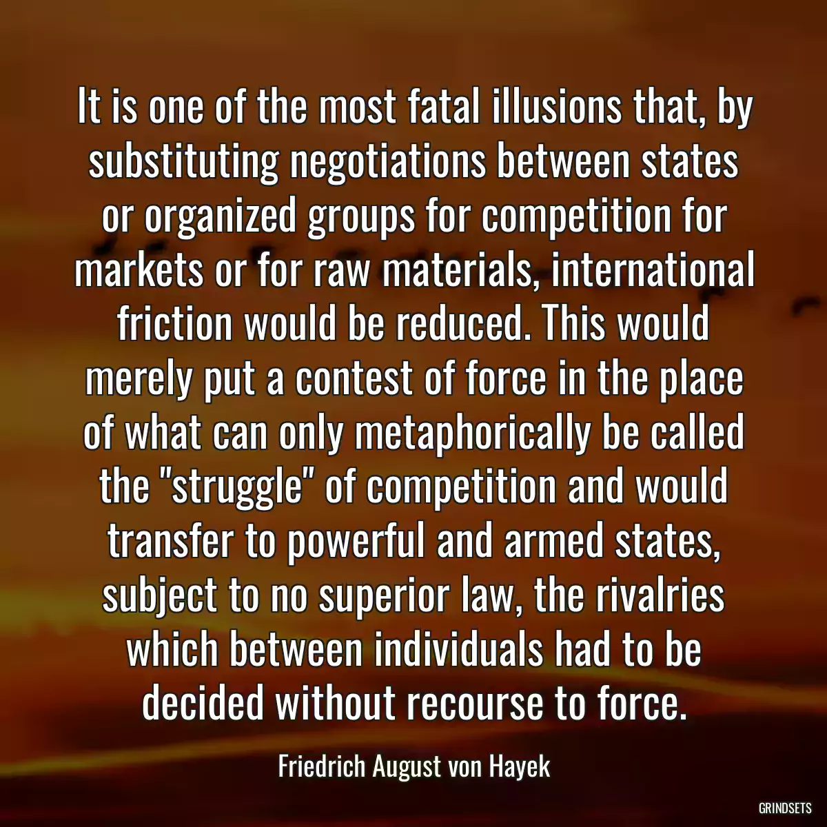 It is one of the most fatal illusions that, by substituting negotiations between states or organized groups for competition for markets or for raw materials, international friction would be reduced. This would merely put a contest of force in the place of what can only metaphorically be called the \