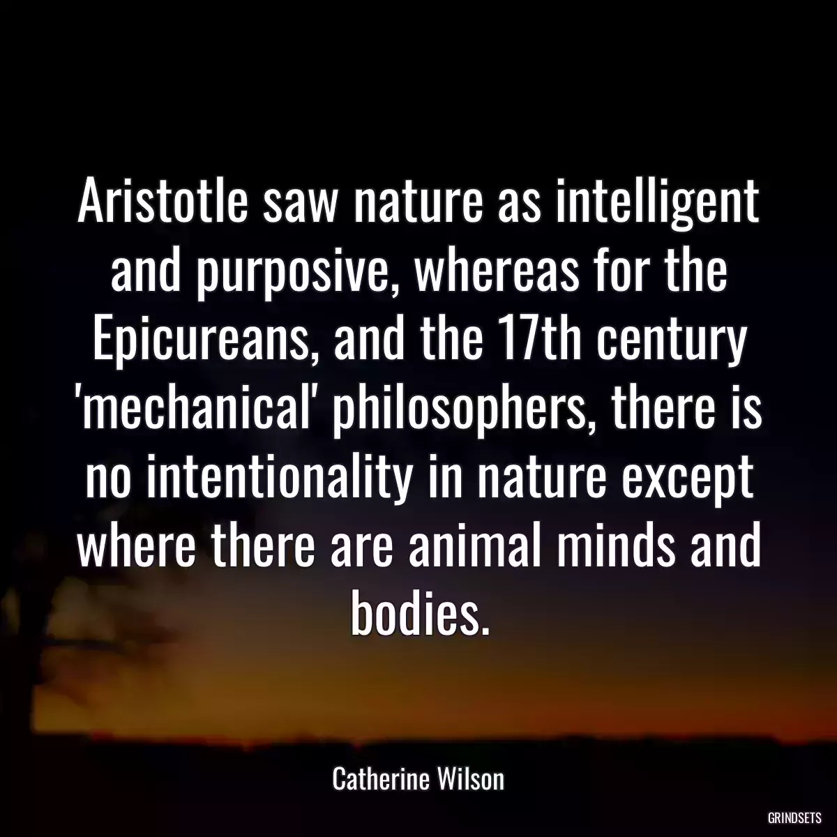 Aristotle saw nature as intelligent and purposive, whereas for the Epicureans, and the 17th century \'mechanical\' philosophers, there is no intentionality in nature except where there are animal minds and bodies.