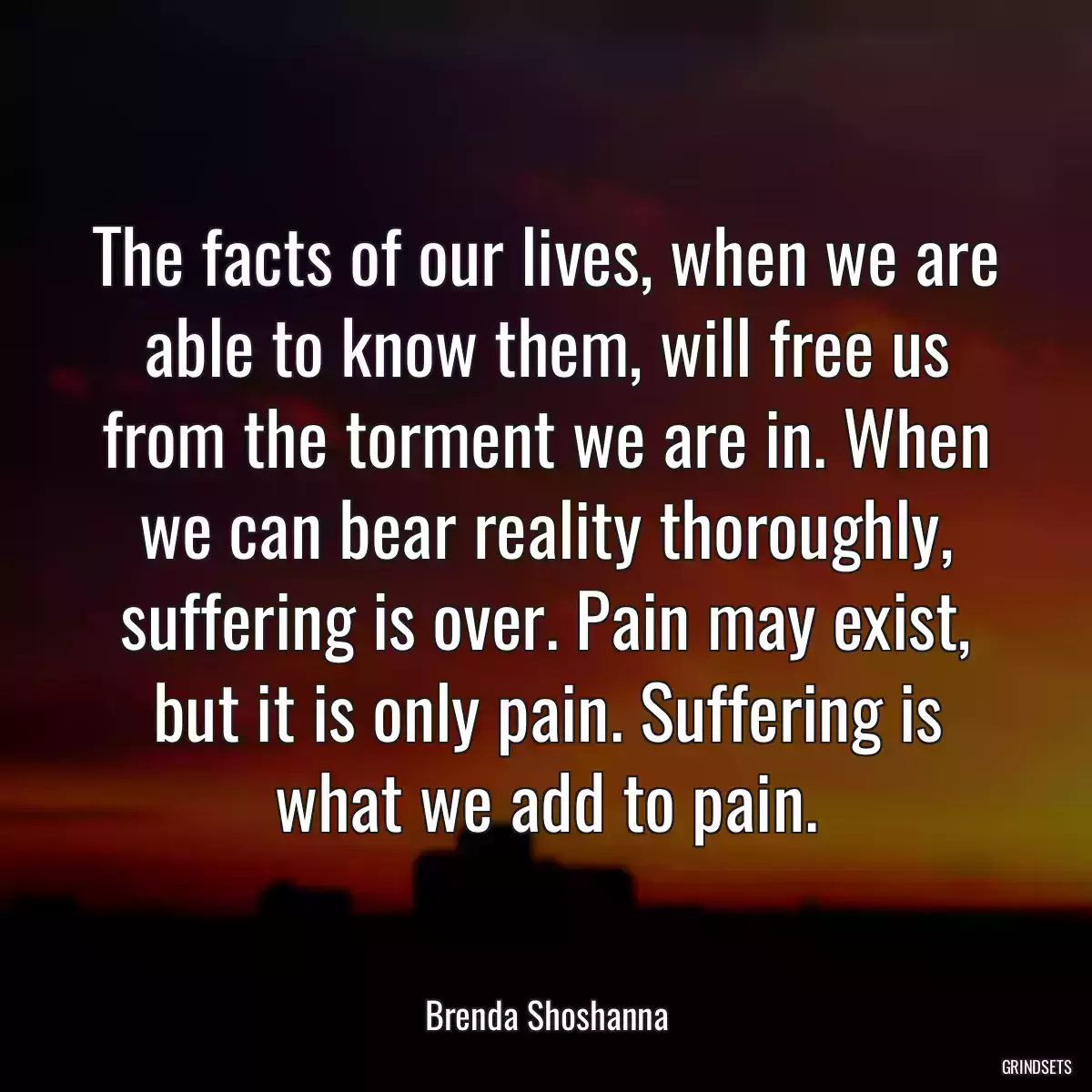 The facts of our lives, when we are able to know them, will free us from the torment we are in. When we can bear reality thoroughly, suffering is over. Pain may exist, but it is only pain. Suffering is what we add to pain.