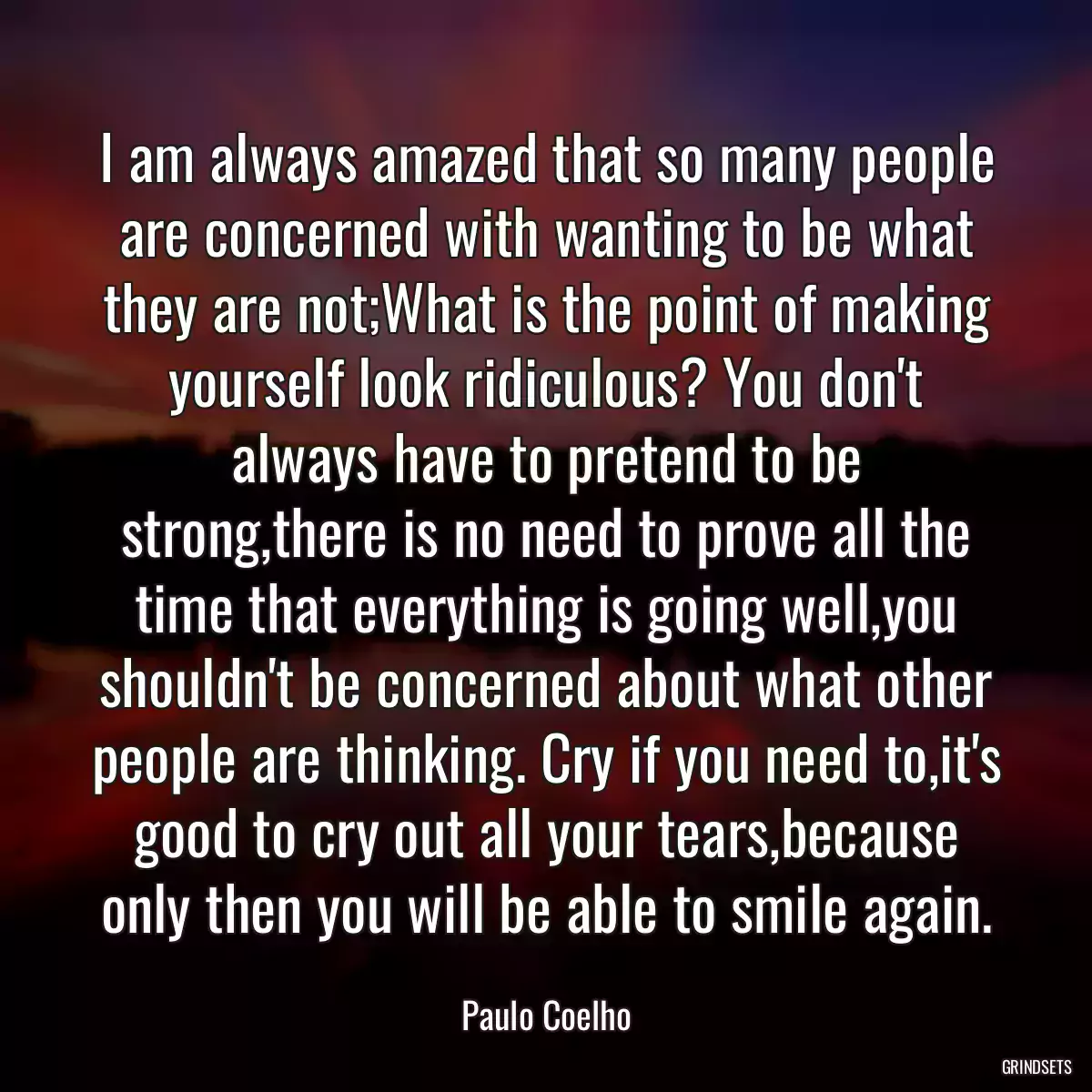 I am always amazed that so many people are concerned with wanting to be what they are not;What is the point of making yourself look ridiculous? You don\'t always have to pretend to be strong,there is no need to prove all the time that everything is going well,you shouldn\'t be concerned about what other people are thinking. Cry if you need to,it\'s good to cry out all your tears,because only then you will be able to smile again.