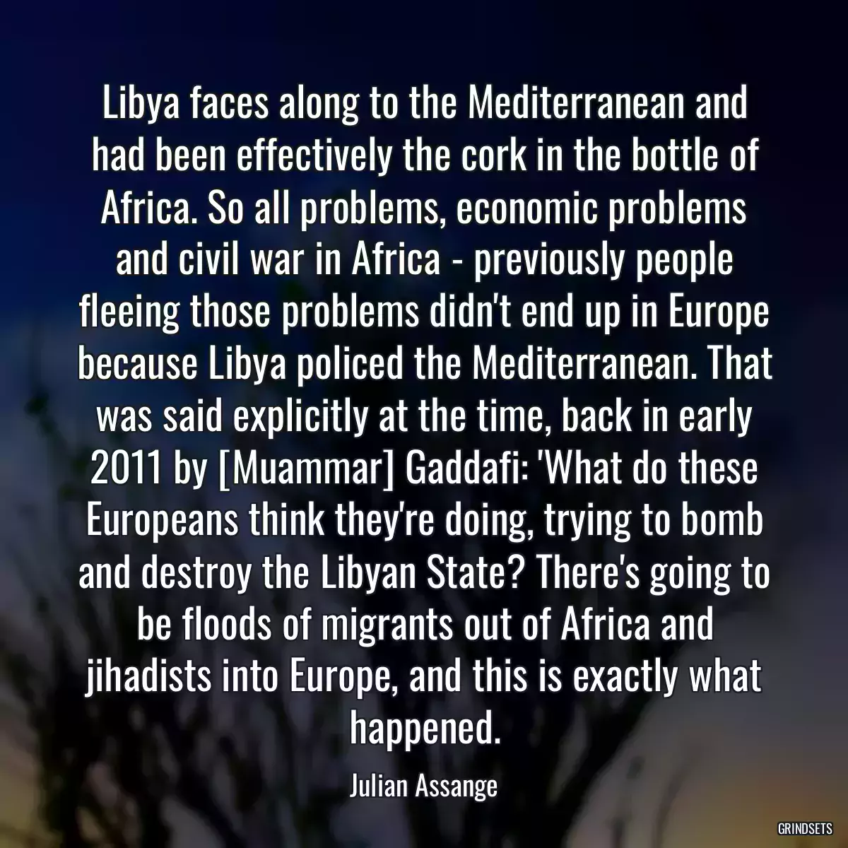 Libya faces along to the Mediterranean and had been effectively the cork in the bottle of Africa. So all problems, economic problems and civil war in Africa - previously people fleeing those problems didn\'t end up in Europe because Libya policed the Mediterranean. That was said explicitly at the time, back in early 2011 by [Muammar] Gaddafi: \'What do these Europeans think they\'re doing, trying to bomb and destroy the Libyan State? There\'s going to be floods of migrants out of Africa and jihadists into Europe, and this is exactly what happened.