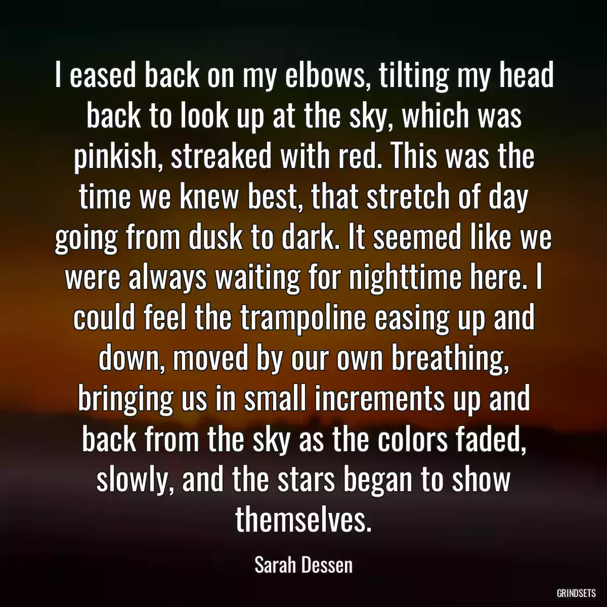 I eased back on my elbows, tilting my head back to look up at the sky, which was pinkish, streaked with red. This was the time we knew best, that stretch of day going from dusk to dark. It seemed like we were always waiting for nighttime here. I could feel the trampoline easing up and down, moved by our own breathing, bringing us in small increments up and back from the sky as the colors faded, slowly, and the stars began to show themselves.