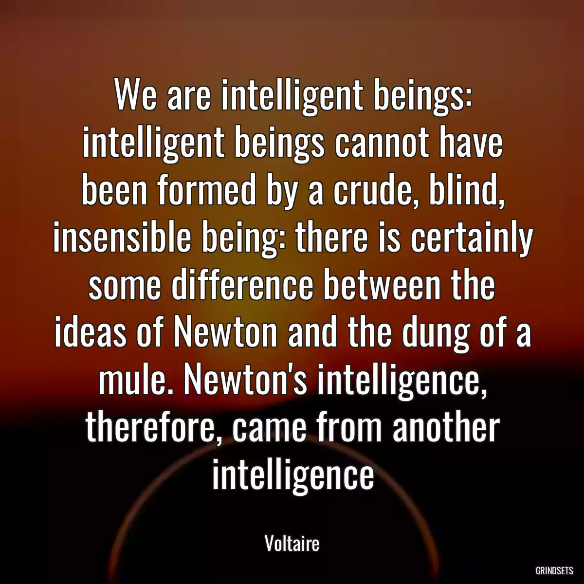 We are intelligent beings: intelligent beings cannot have been formed by a crude, blind, insensible being: there is certainly some difference between the ideas of Newton and the dung of a mule. Newton\'s intelligence, therefore, came from another intelligence