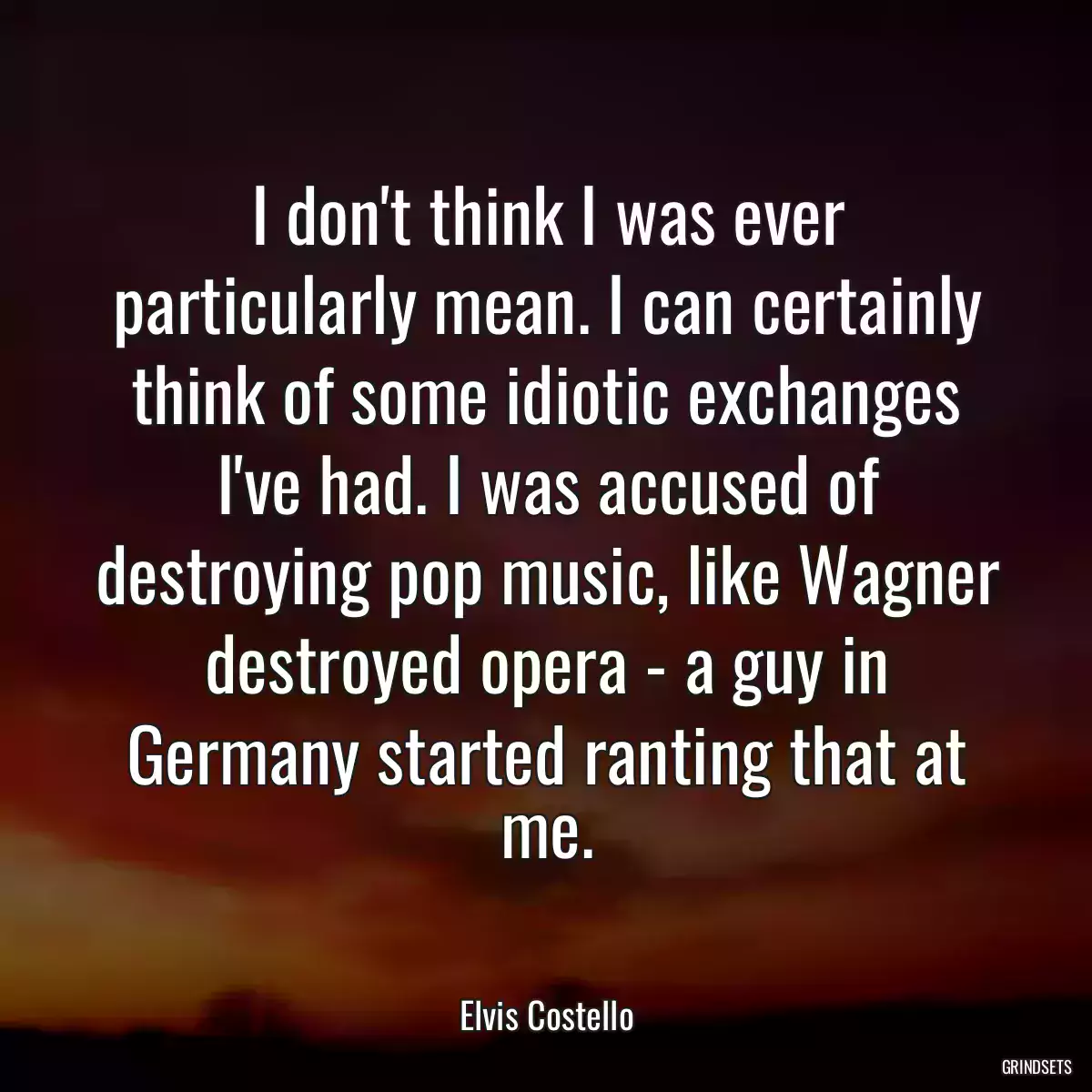 I don\'t think I was ever particularly mean. I can certainly think of some idiotic exchanges I\'ve had. I was accused of destroying pop music, like Wagner destroyed opera - a guy in Germany started ranting that at me.