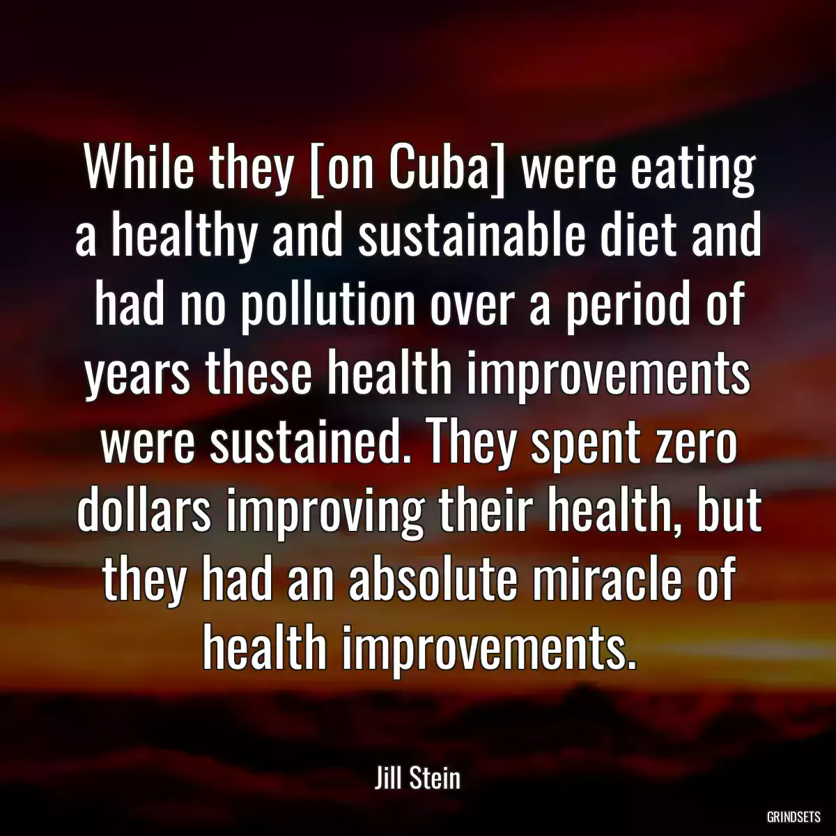 While they [on Cuba] were eating a healthy and sustainable diet and had no pollution over a period of years these health improvements were sustained. They spent zero dollars improving their health, but they had an absolute miracle of health improvements.