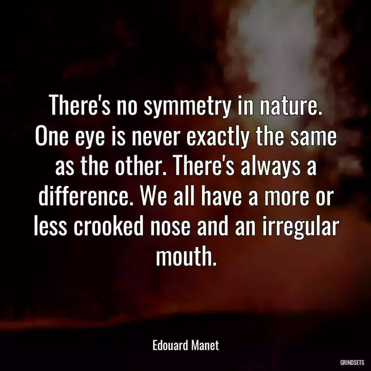 There\'s no symmetry in nature. One eye is never exactly the same as the other. There\'s always a difference. We all have a more or less crooked nose and an irregular mouth.