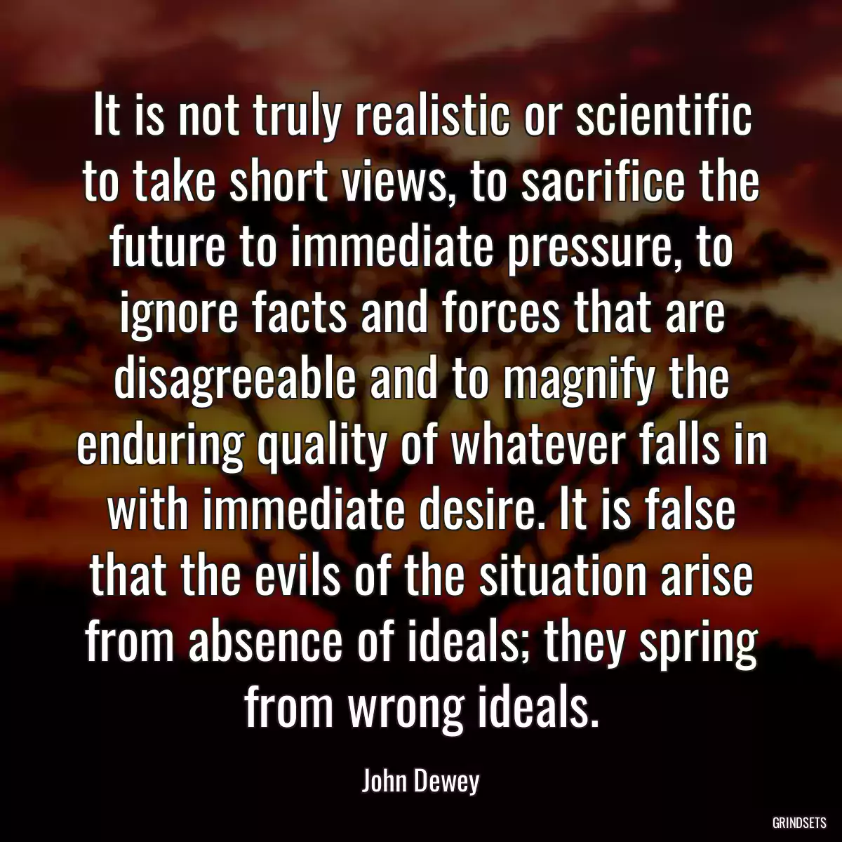 It is not truly realistic or scientific to take short views, to sacrifice the future to immediate pressure, to ignore facts and forces that are disagreeable and to magnify the enduring quality of whatever falls in with immediate desire. It is false that the evils of the situation arise from absence of ideals; they spring from wrong ideals.